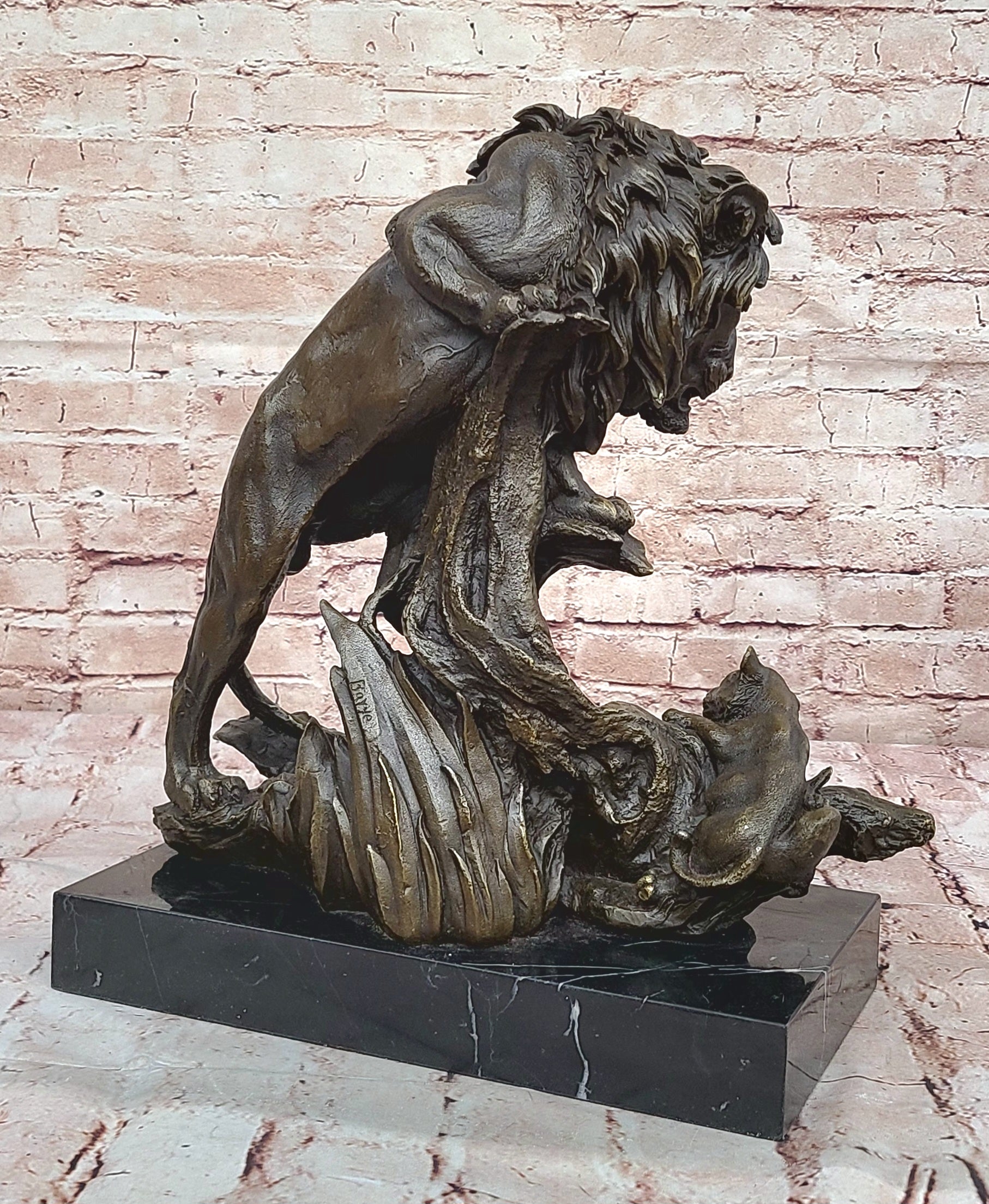 Art Deco Bronze Sculpture African Cougar Mountain Lion w/ Cub Statue Figurine NR