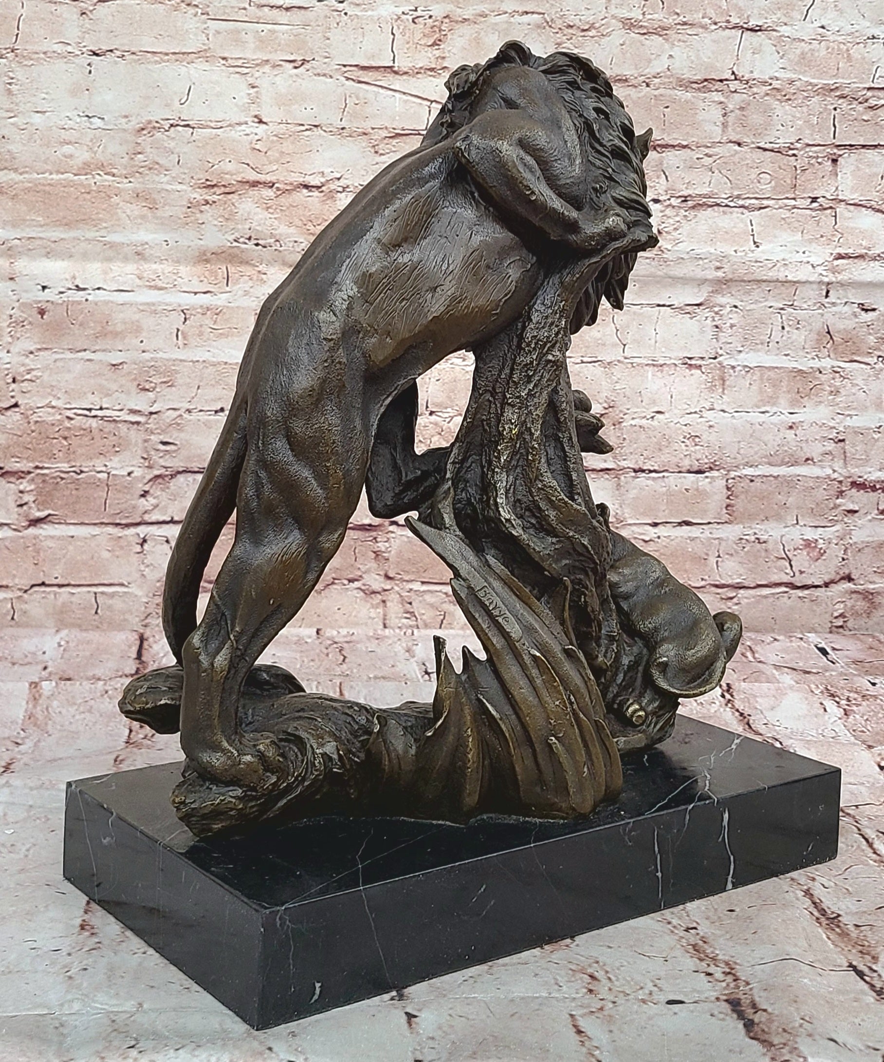 Art Deco Bronze Sculpture African Cougar Mountain Lion w/ Cub Statue Figurine NR