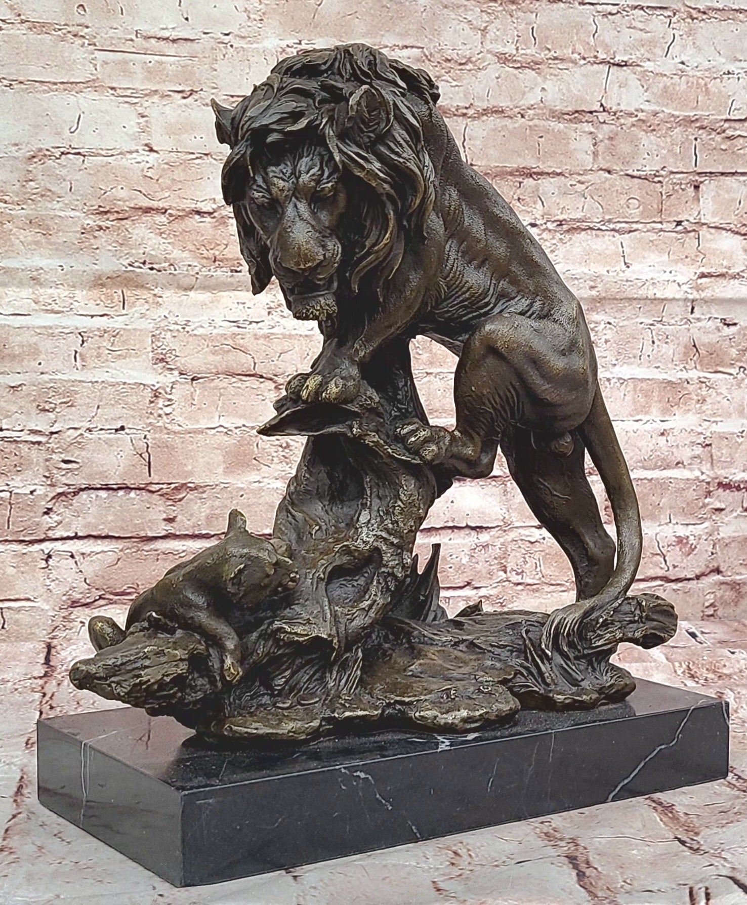 Art Deco Bronze Sculpture African Cougar Mountain Lion w/ Cub Statue Figurine NR