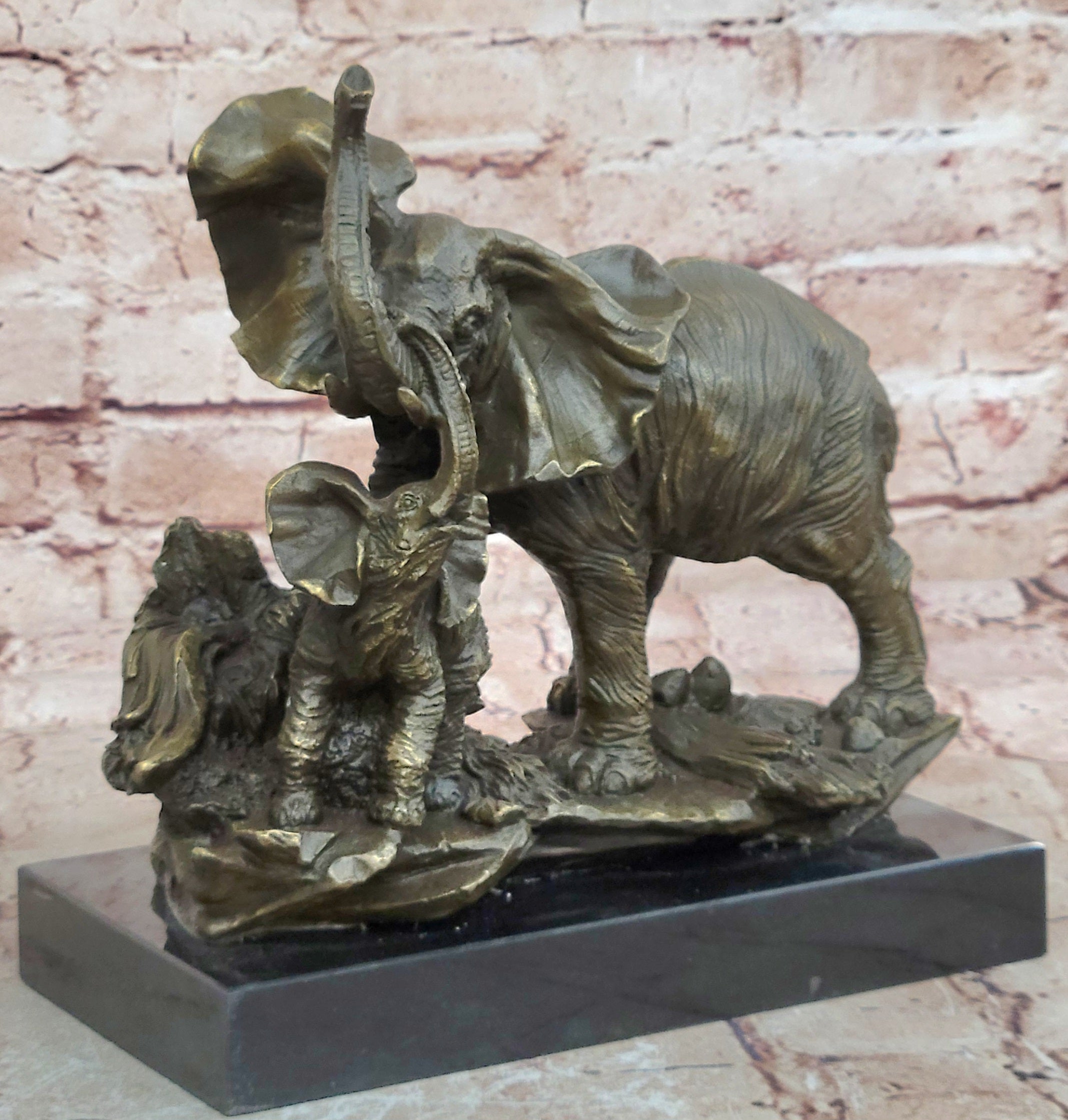 Hand Made Bronze sculpture SALE Marble Wildlife Baby With Elephant Barye Signed