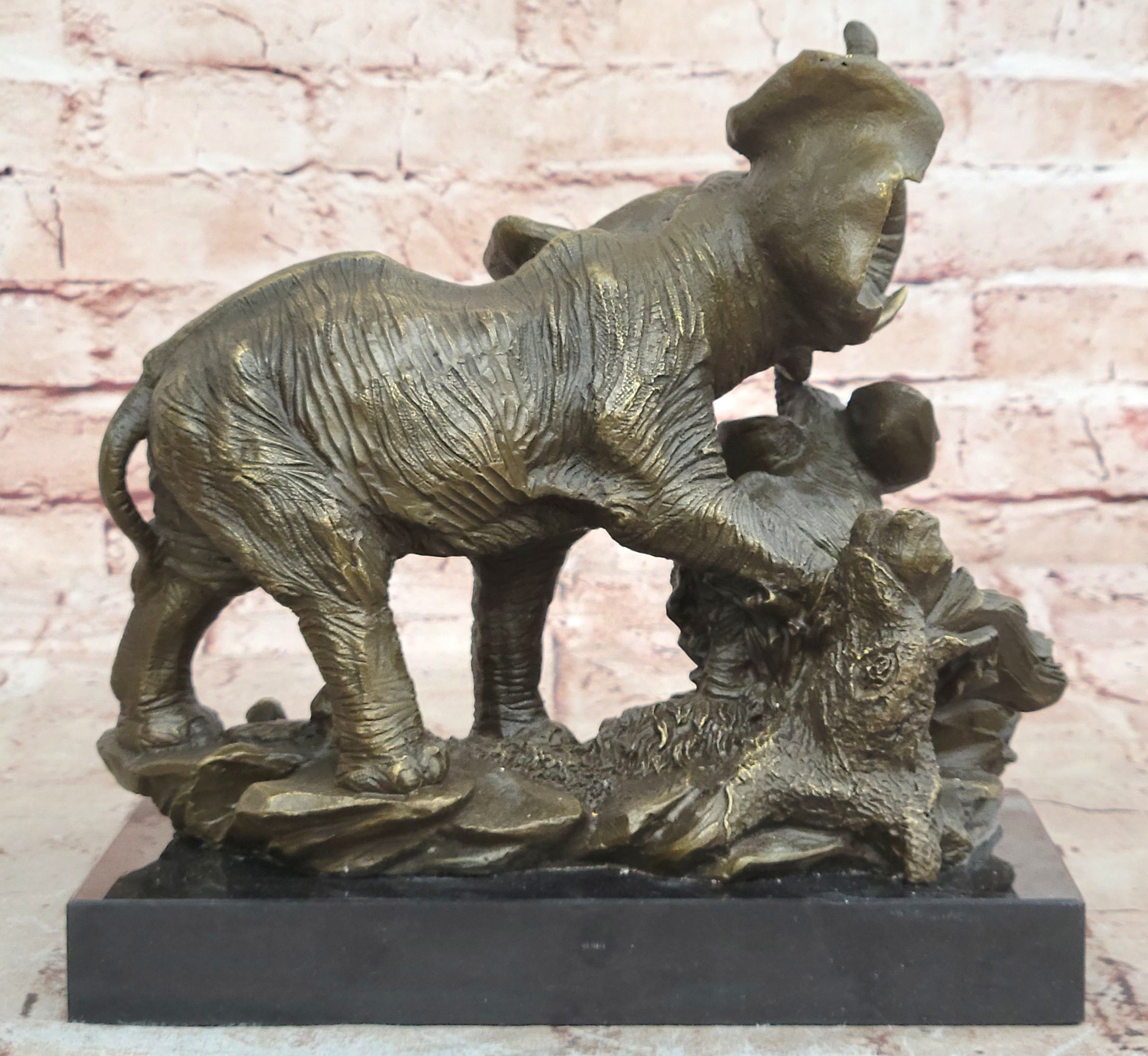 Hand Made Bronze sculpture SALE Marble Wildlife Baby With Elephant Barye Signed