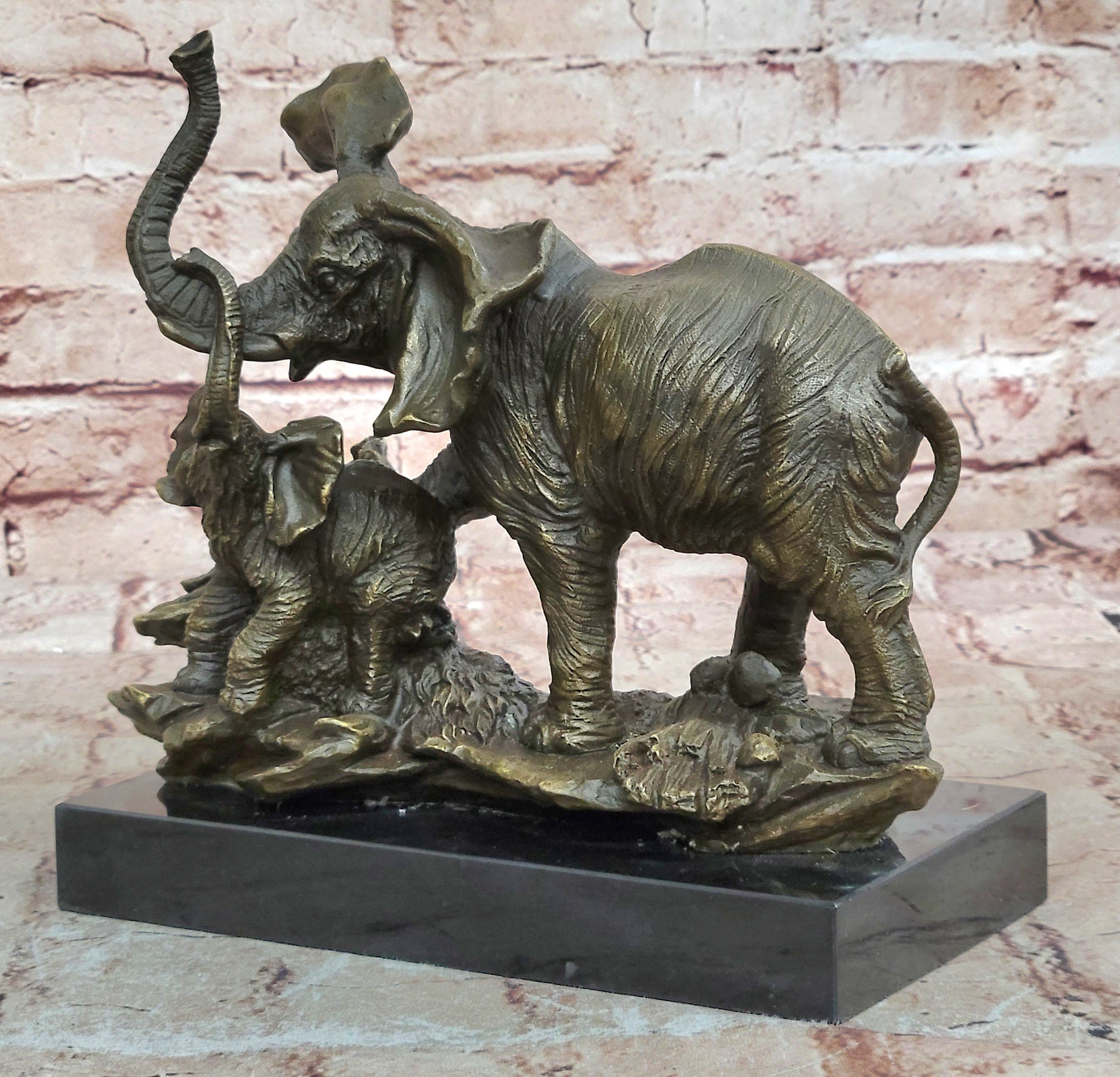 Hand Made Bronze sculpture SALE Marble Wildlife Baby With Elephant Barye Signed