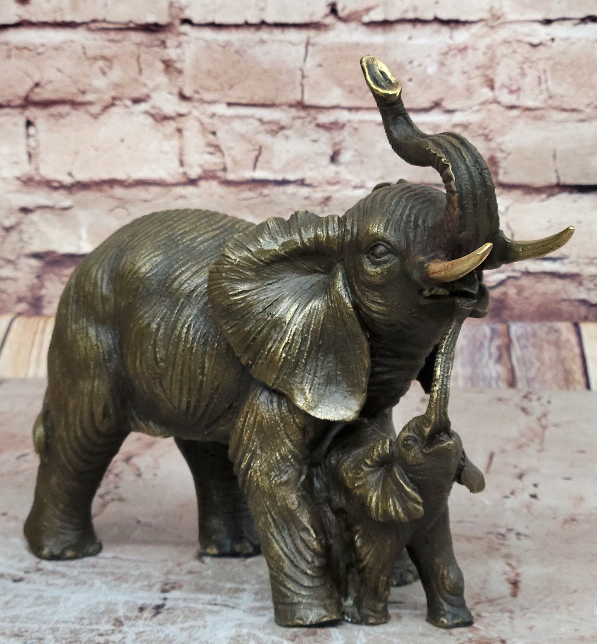 Art Deco Mother Elephant and Calf Hot Cast Bronze Sculpture Signed Figurine