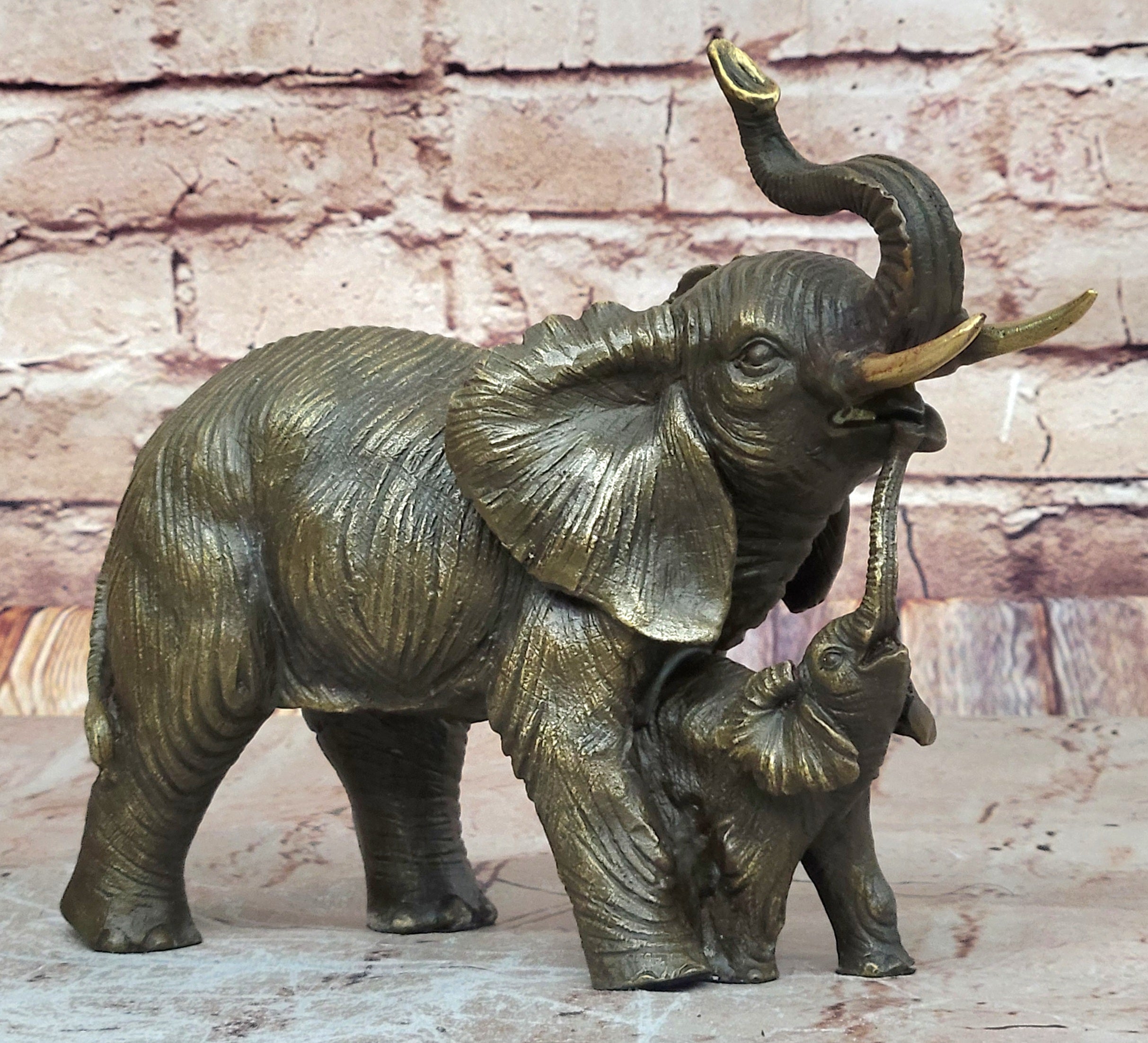 Art Deco Mother Elephant and Calf Hot Cast Bronze Sculpture Signed Figurine