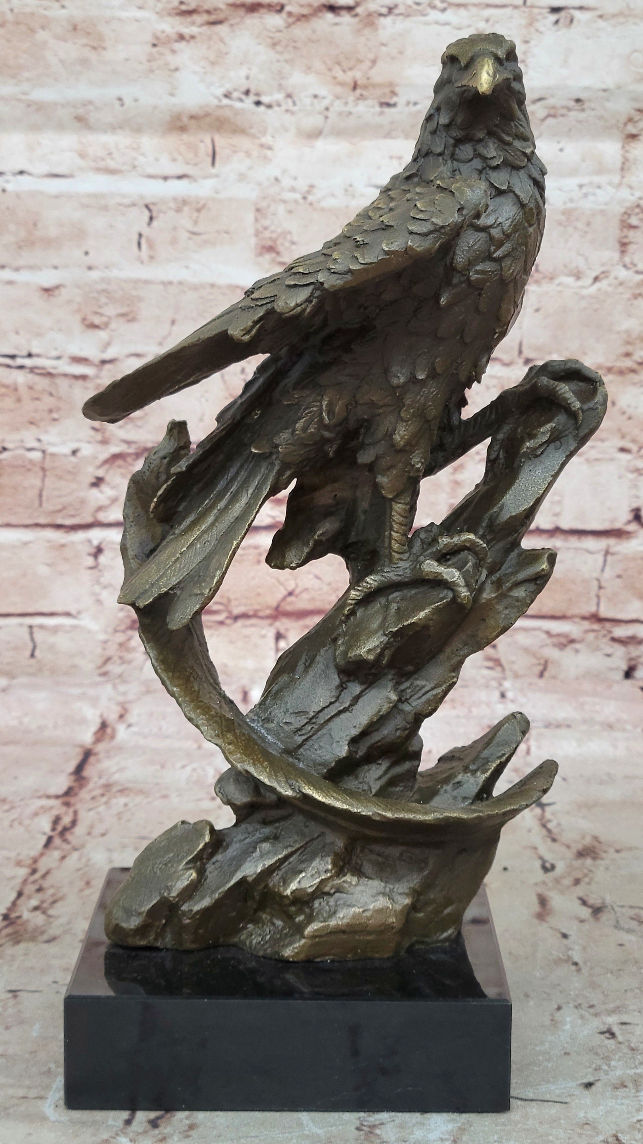 Bronze American Bald Eagle on Tree Falcon Osprey Hawk Flag Statue Pride Flying