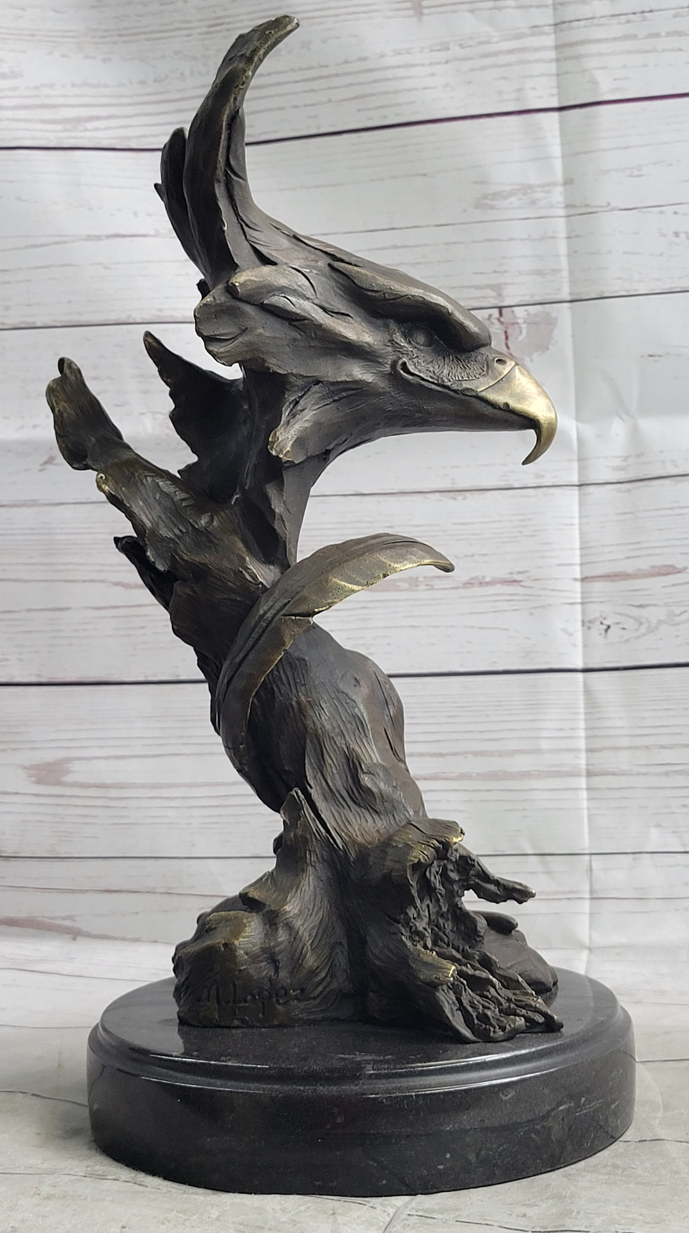 Western Art Copper Bronze Eagle Hawk Bird Figurine Sculpture Marble Base Statue