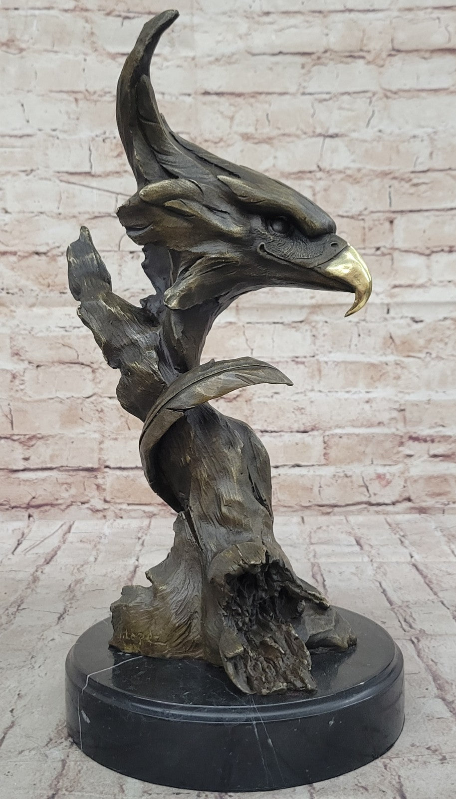 Western Art Copper Bronze Eagle Hawk Bird Figurine Sculpture Marble Base Statue