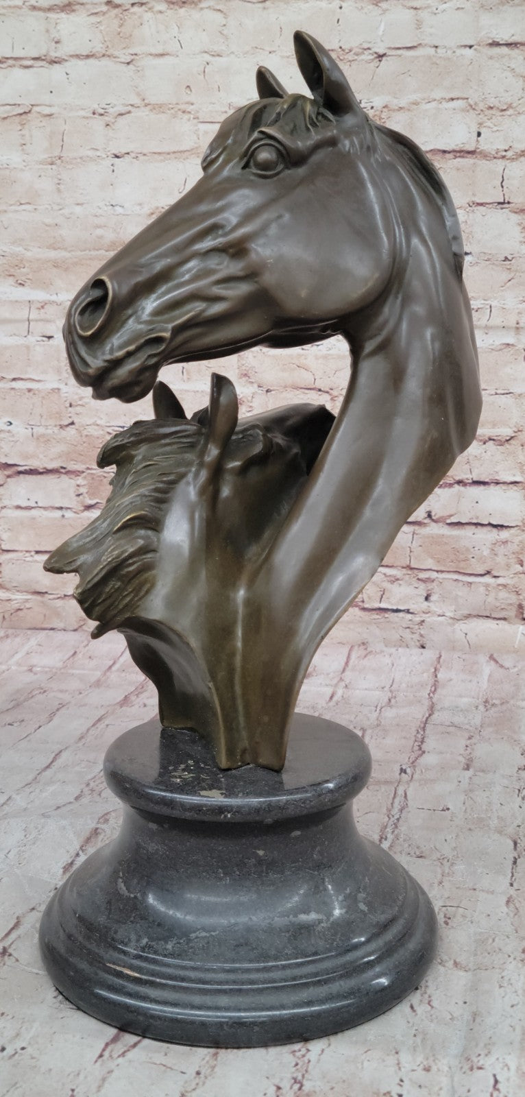 Two Horses Head Bust Bronze Sculpture on Marble Base Figurine Artwork Figure