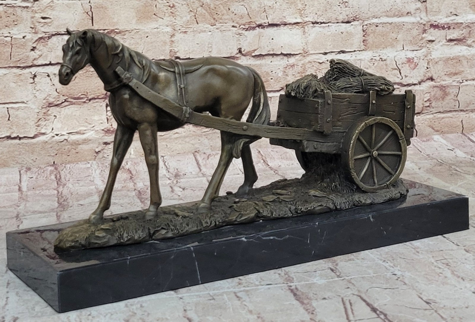 Handcrafted bronze sculpture SALE Carriage With Horse Working Original Signed