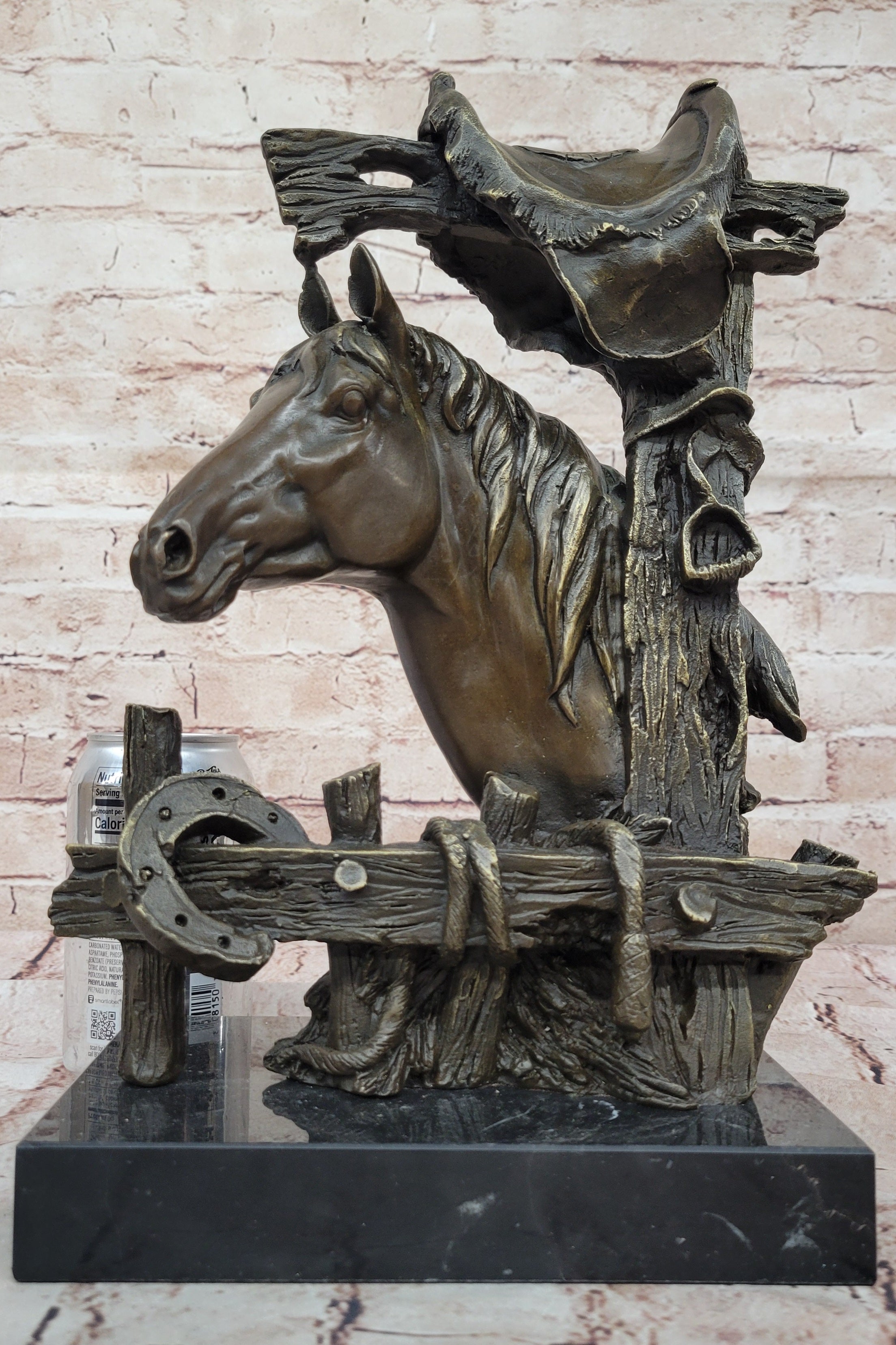 Bronze Statue of a Loving Horse with Saddle in Western Art Cowboy Style