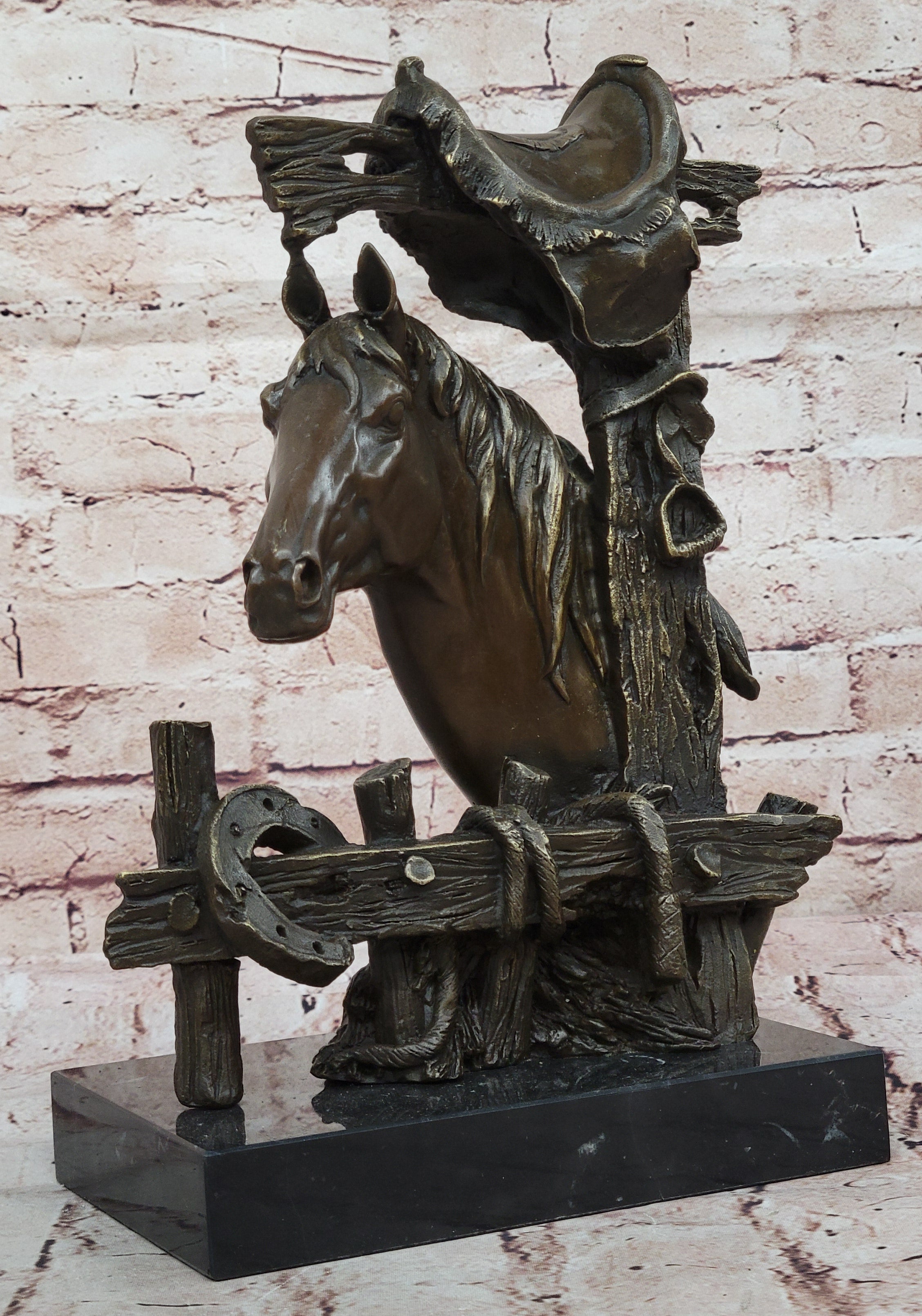 Bronze Statue of a Loving Horse with Saddle in Western Art Cowboy Style