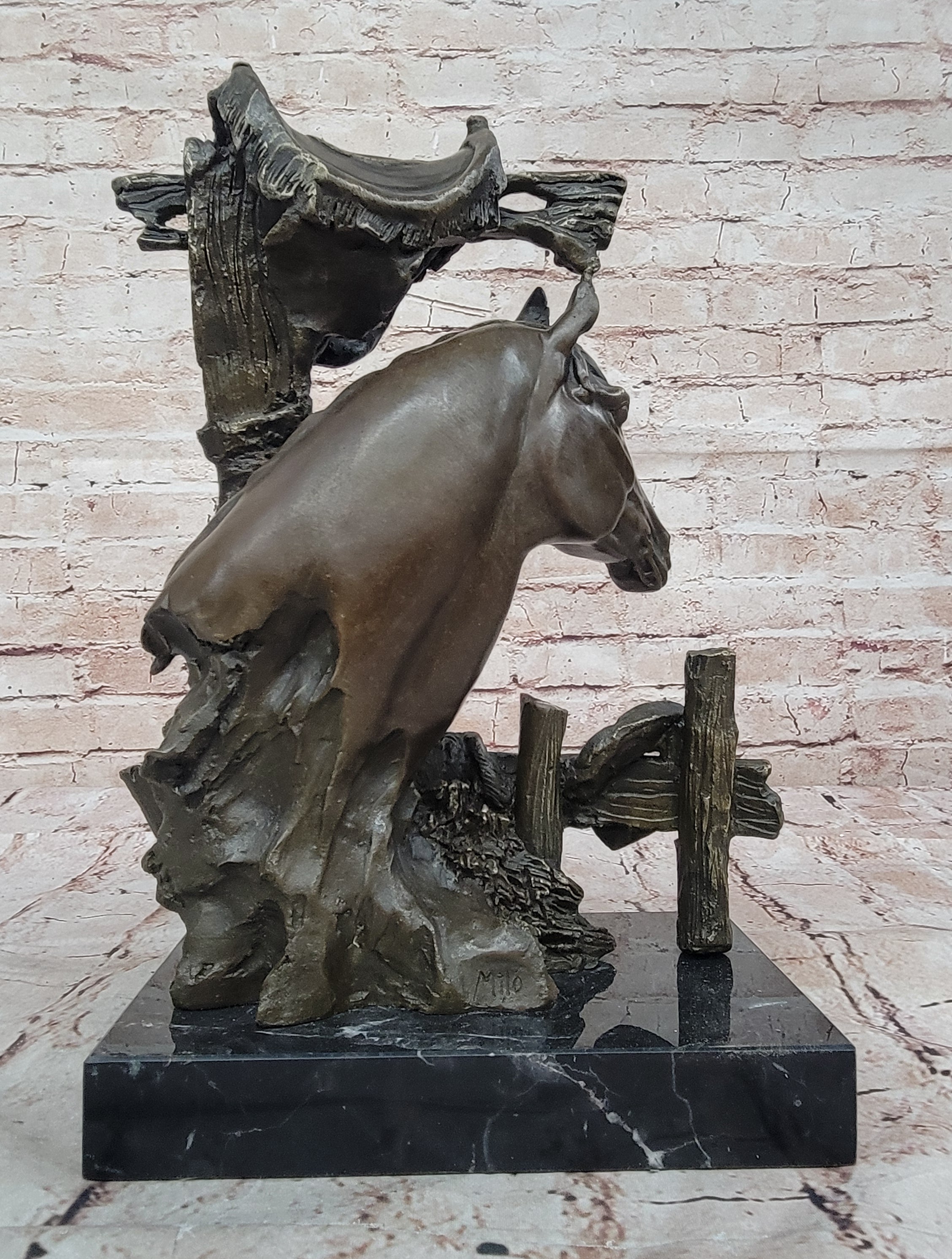 Bronze Statue of a Loving Horse with Saddle in Western Art Cowboy Style