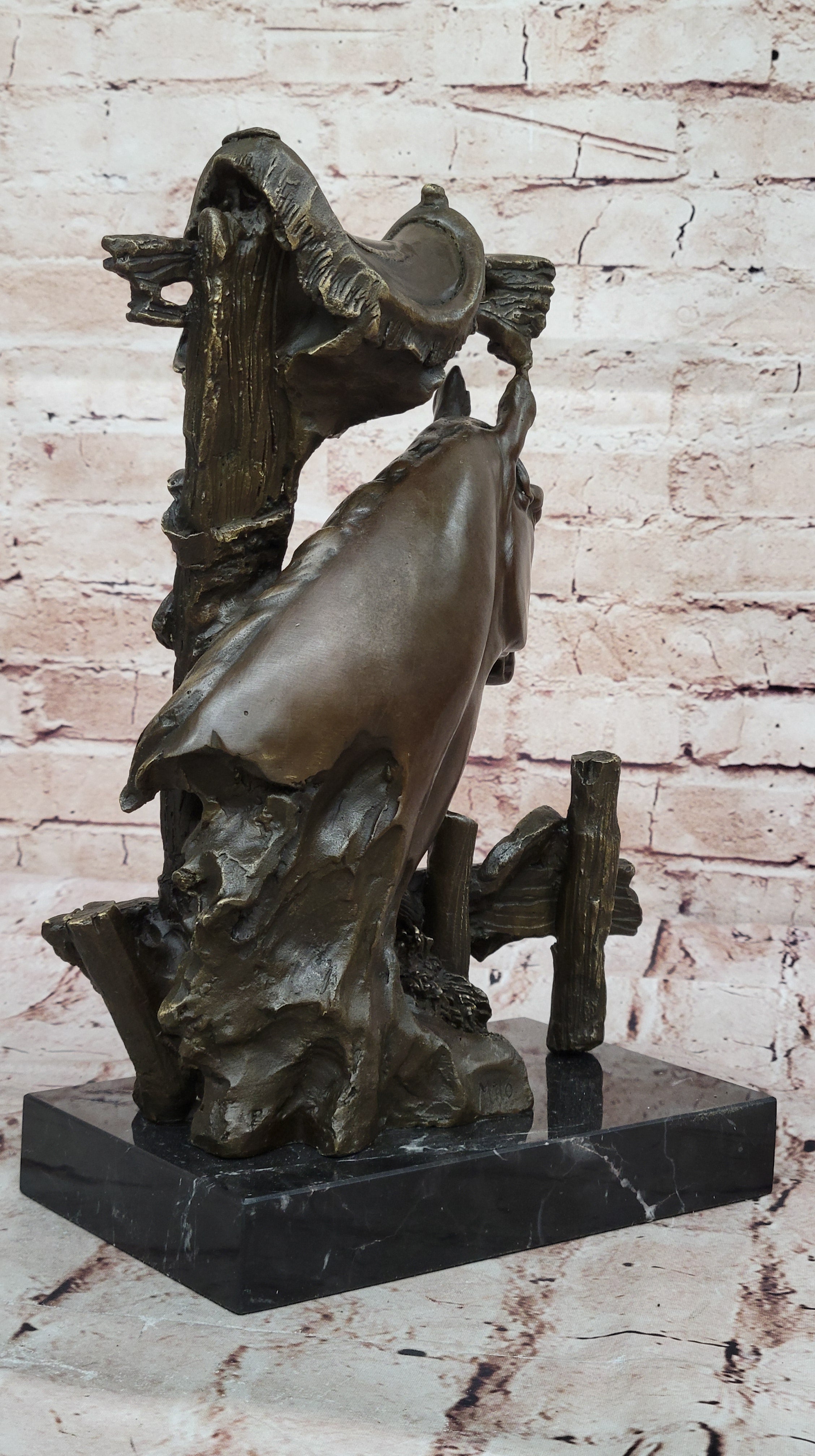 Bronze Statue of a Loving Horse with Saddle in Western Art Cowboy Style