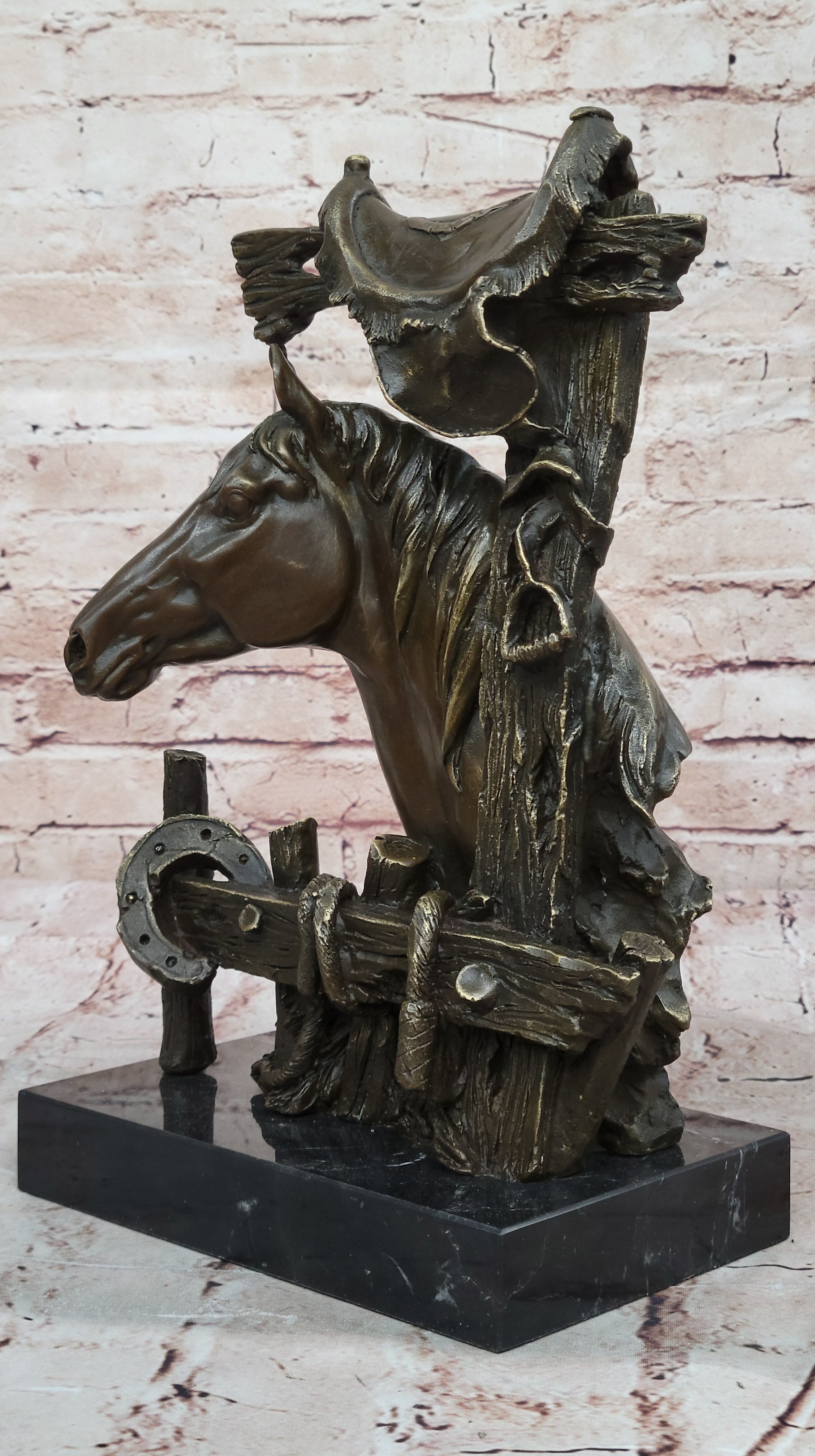 Bronze Statue of a Loving Horse with Saddle in Western Art Cowboy Style