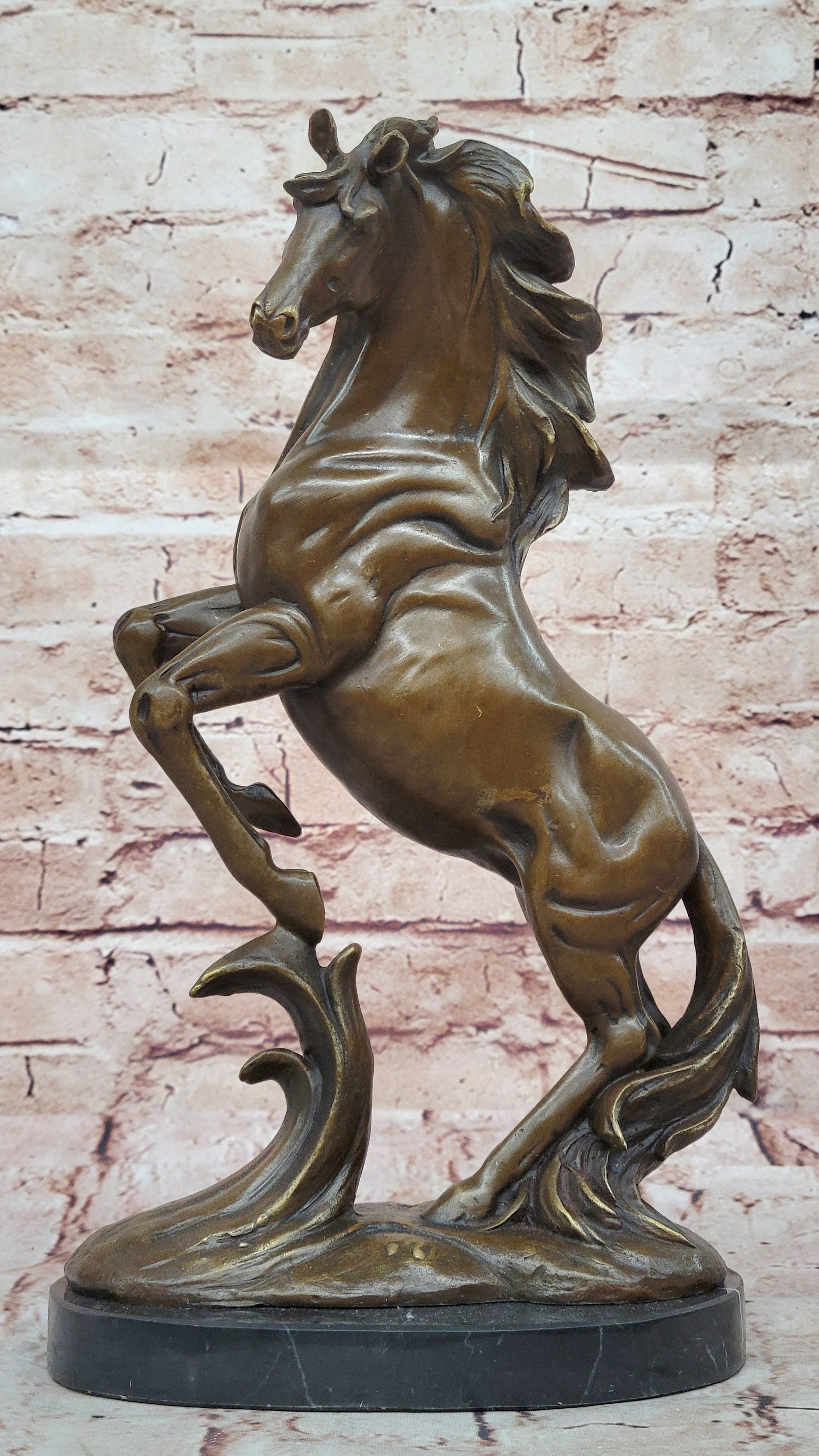 Art Deco Hot Cast Rearing Stallion Bronze Sculpture Marble Base Figurine Figure