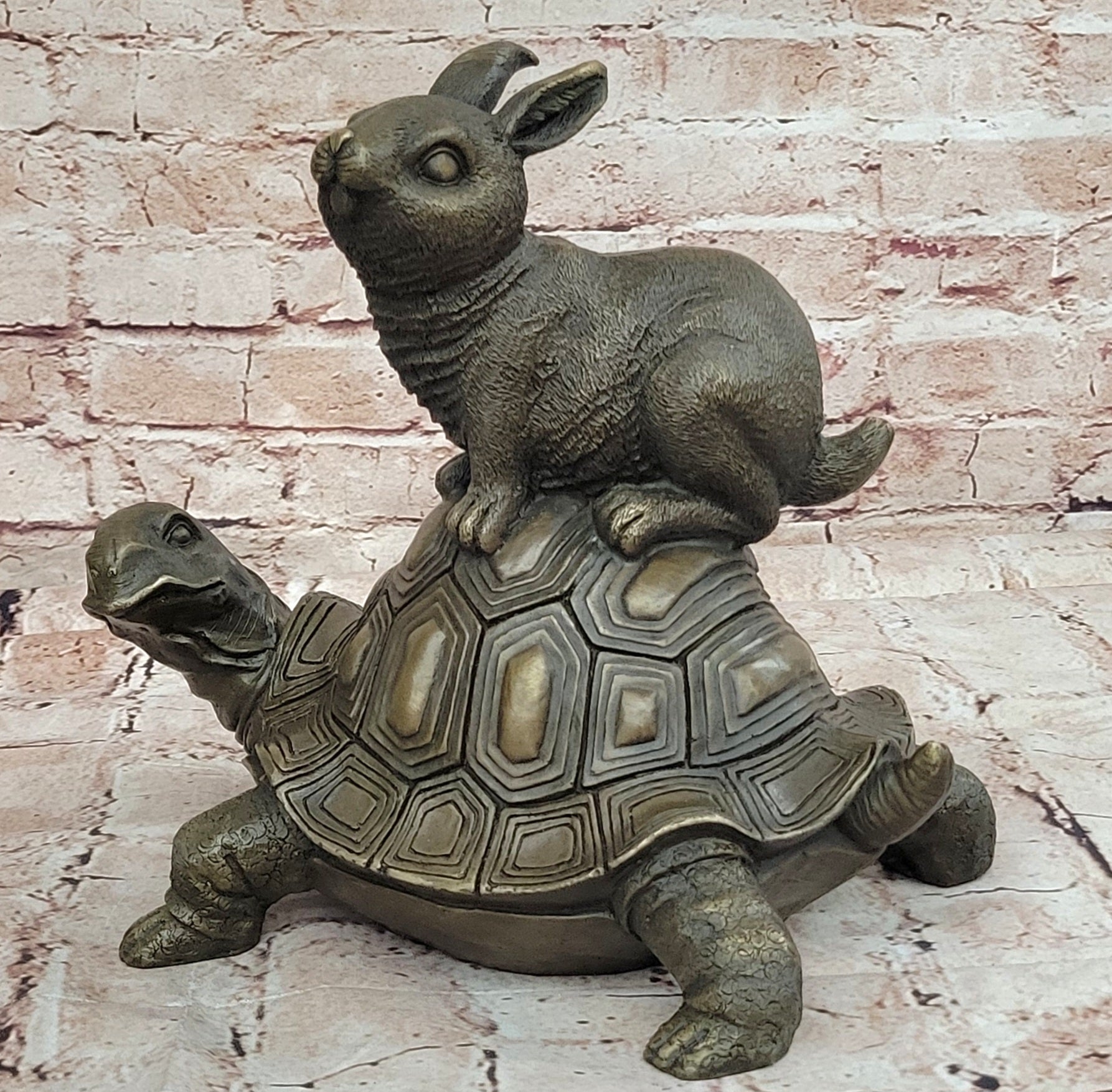 Chinese Folk Culture HandMade Real Bronze statue Longevity god Rabbit Turtle