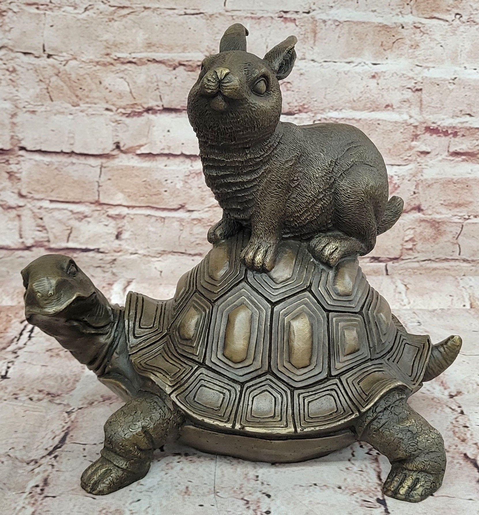 Chinese Folk Culture HandMade Real Bronze statue Longevity god Rabbit Turtle