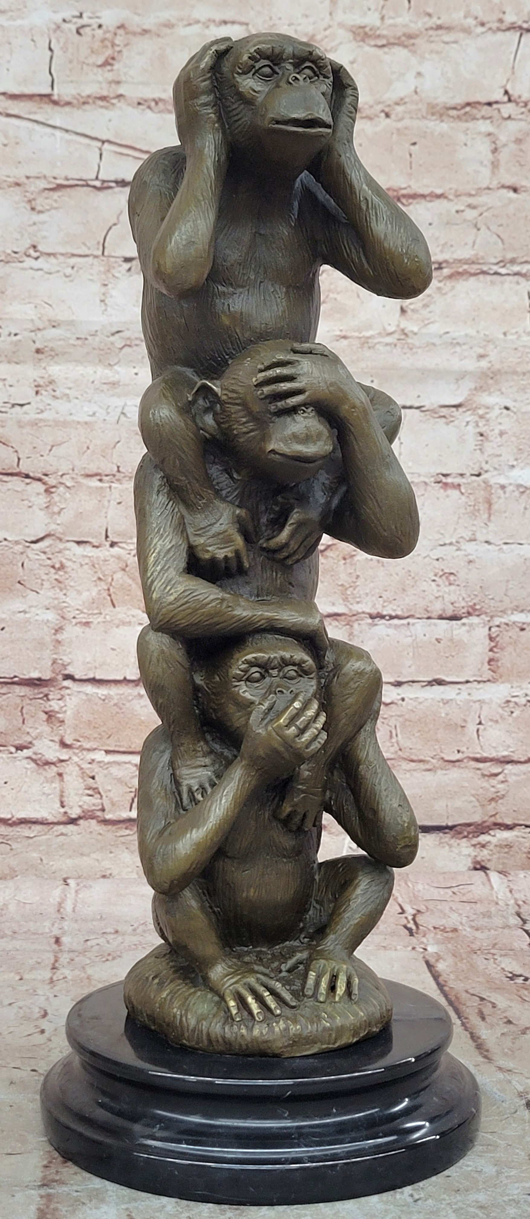 3 WISE MONKEYS hear no evil, speak no evil, see no evil European Bronze Figurine