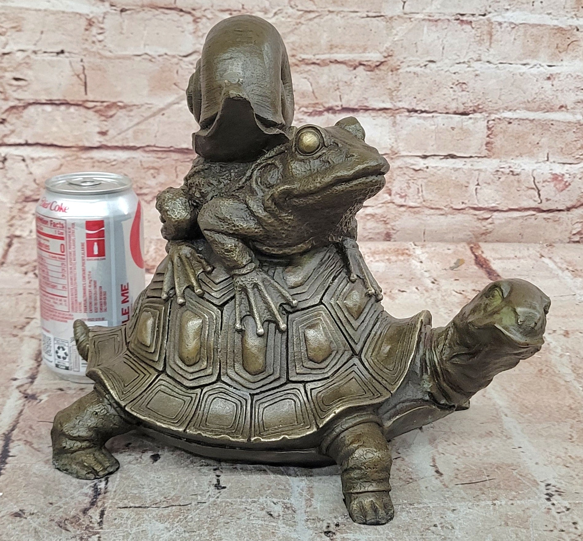 European Bronze Sculpture Frog On Turtle W/ Snail Lost Wax Method Figurine Figure