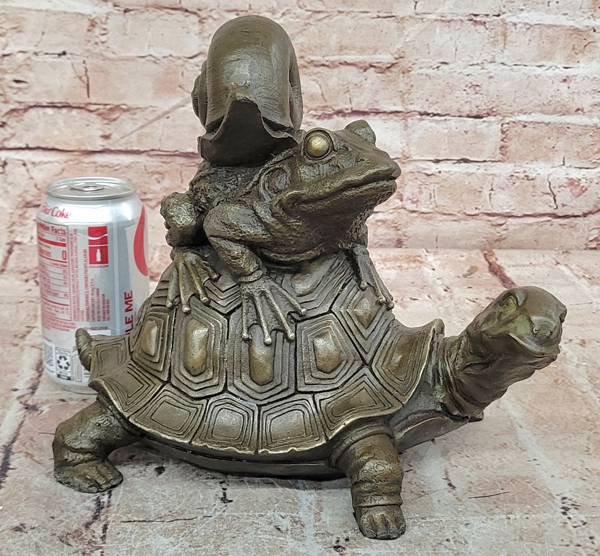 European Bronze Sculpture Frog On Turtle W/ Snail Lost Wax Method Figurine Figure