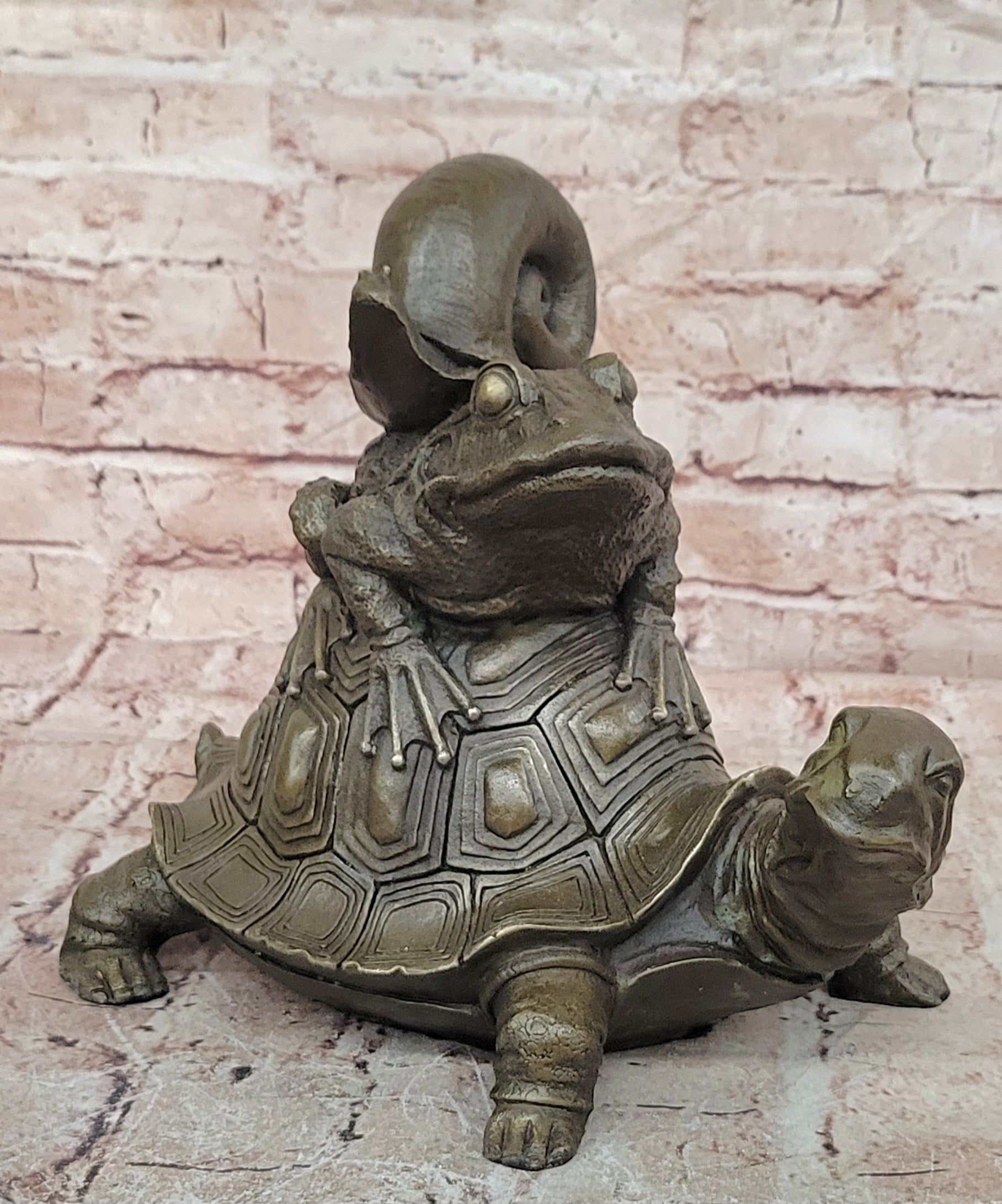 European Bronze Sculpture Frog On Turtle W/ Snail Lost Wax Method Figurine Figure