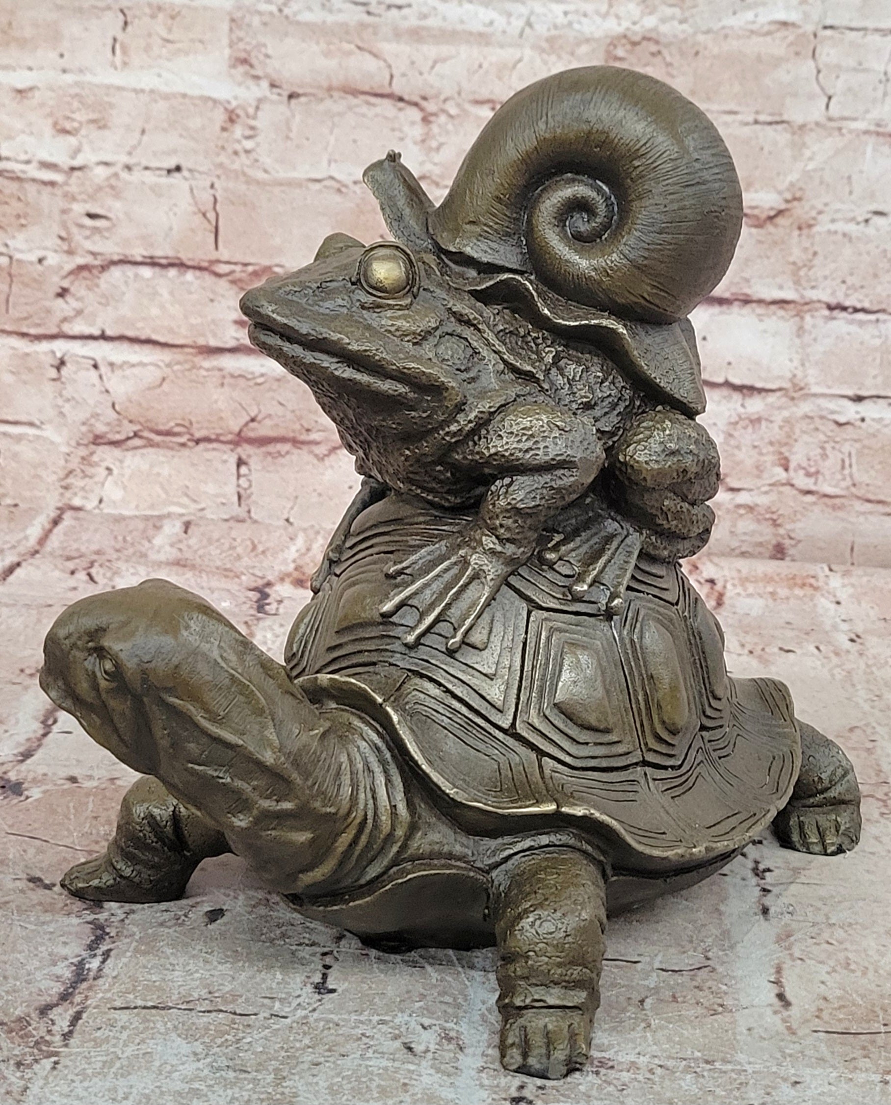 European Bronze Sculpture Frog On Turtle W/ Snail Lost Wax Method Figurine Figure