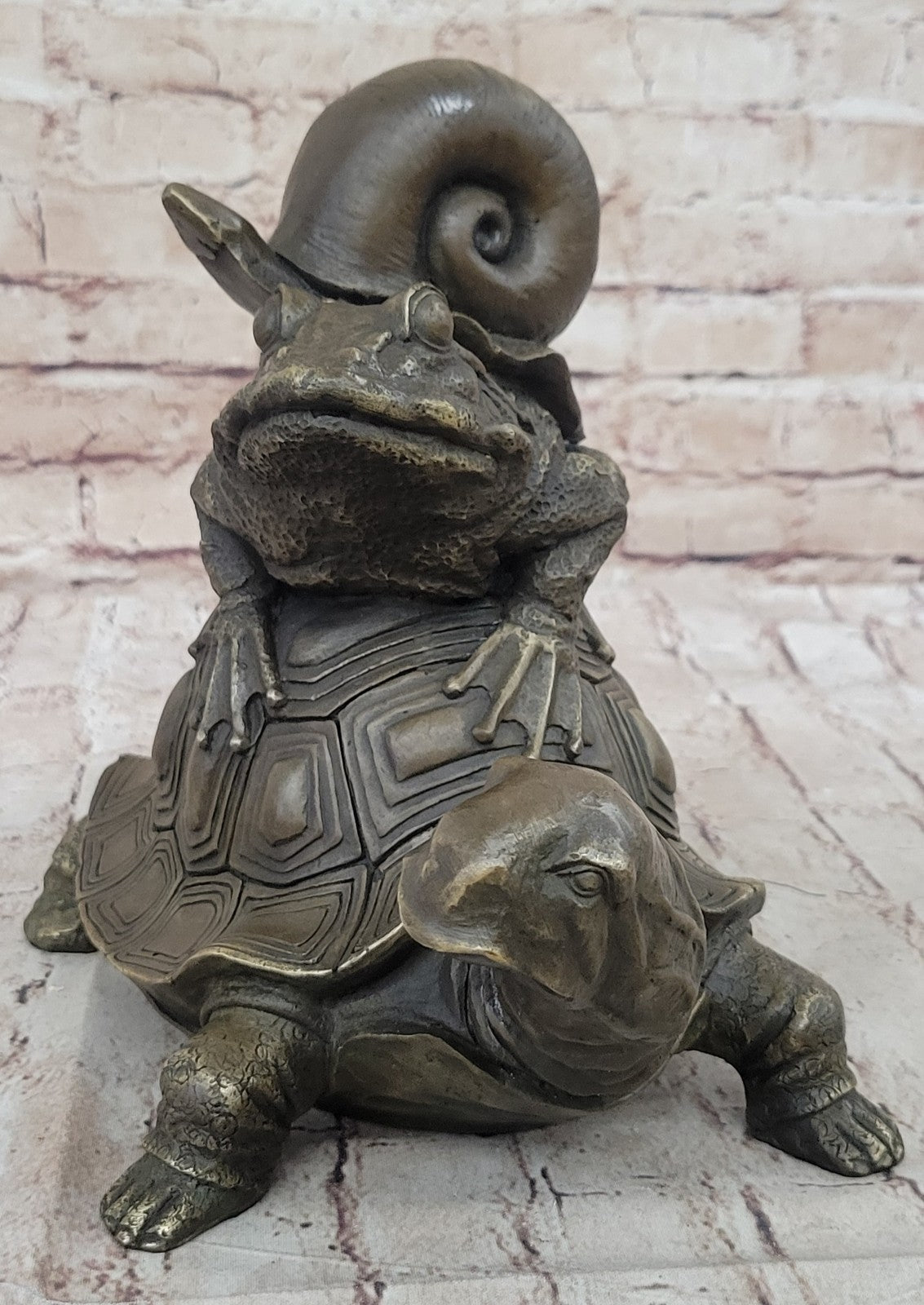 European Bronze Sculpture Frog On Turtle W/ Snail Lost Wax Method Figurine Figure