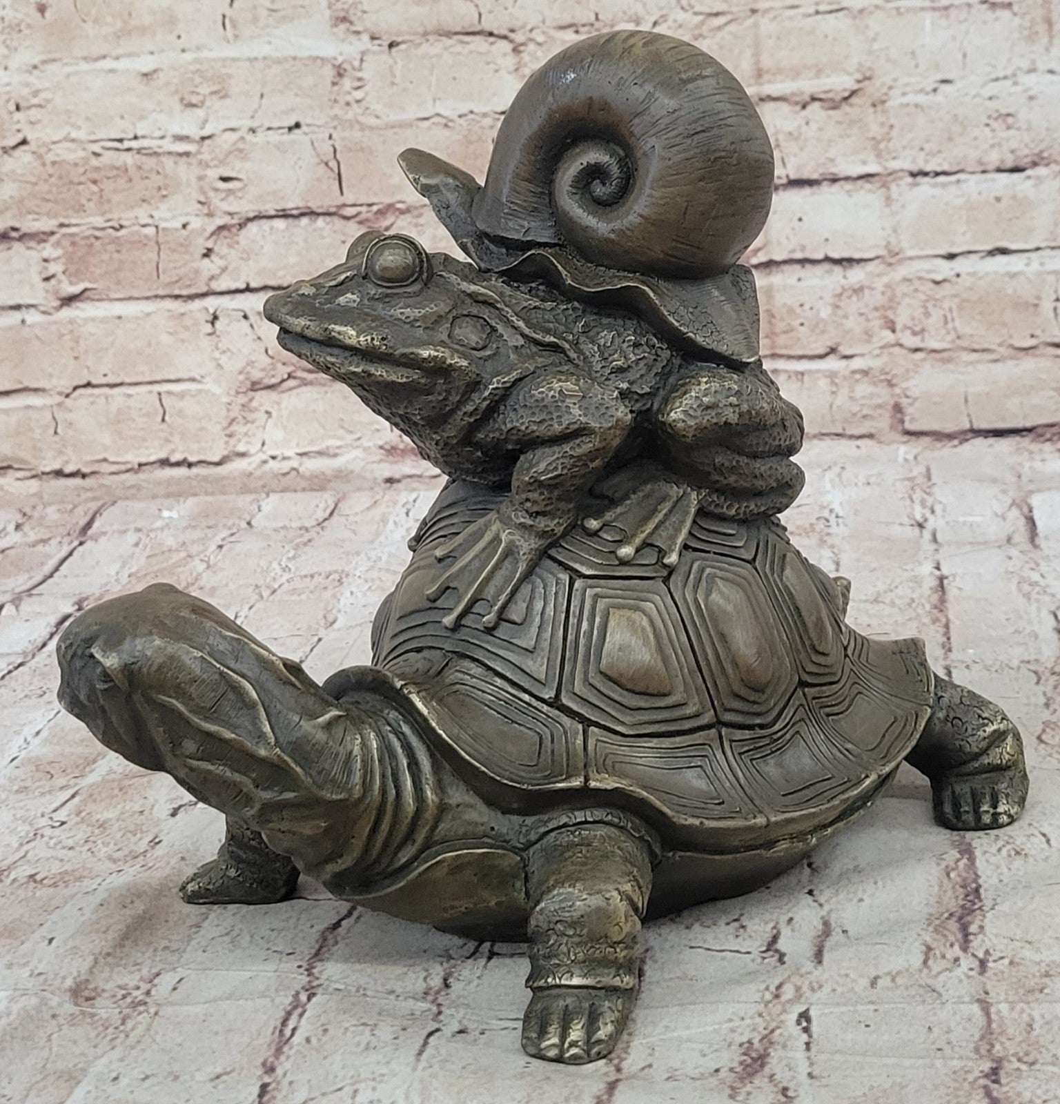 European Bronze Sculpture Frog On Turtle W/ Snail Lost Wax Method Figurine Figure