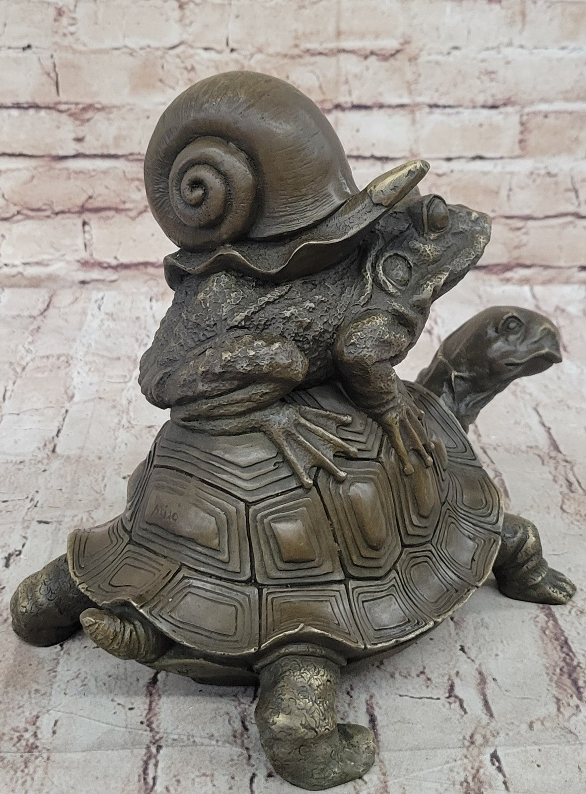 European Bronze Sculpture Frog On Turtle W/ Snail Lost Wax Method Figurine Figure