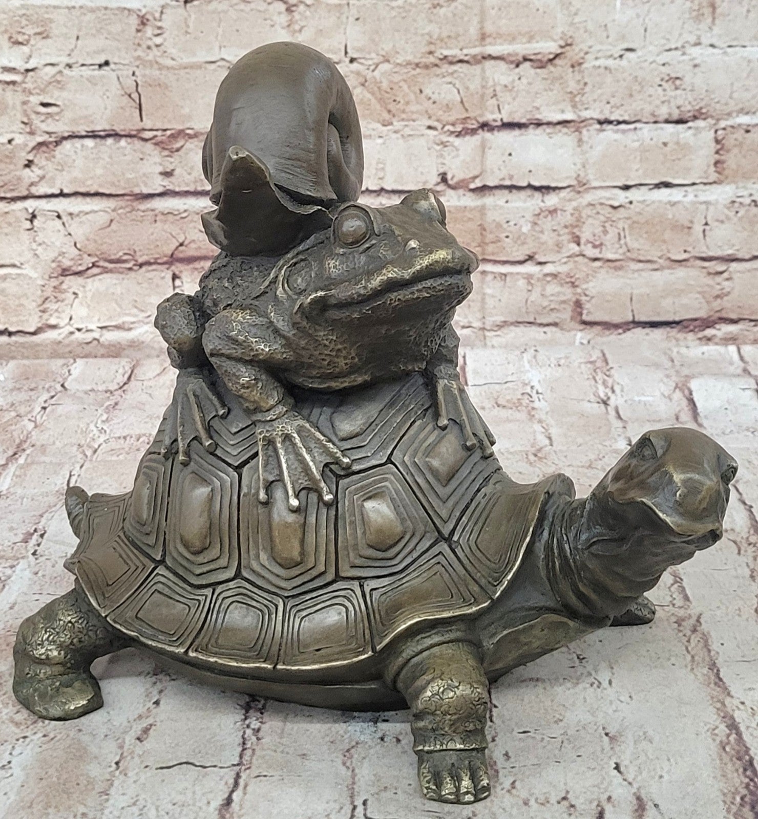European Bronze Sculpture Frog On Turtle W/ Snail Lost Wax Method Figurine Figure
