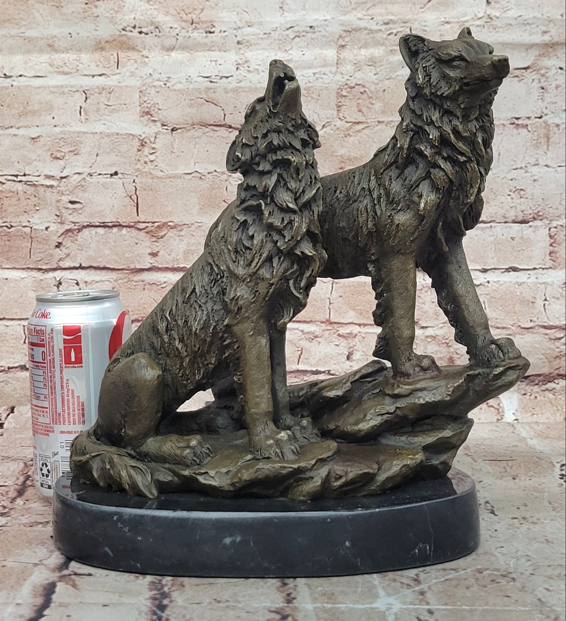 Striking Duo: Handmade Bronze Figurine of Wolves Standing on Rock - Fine Art Decor