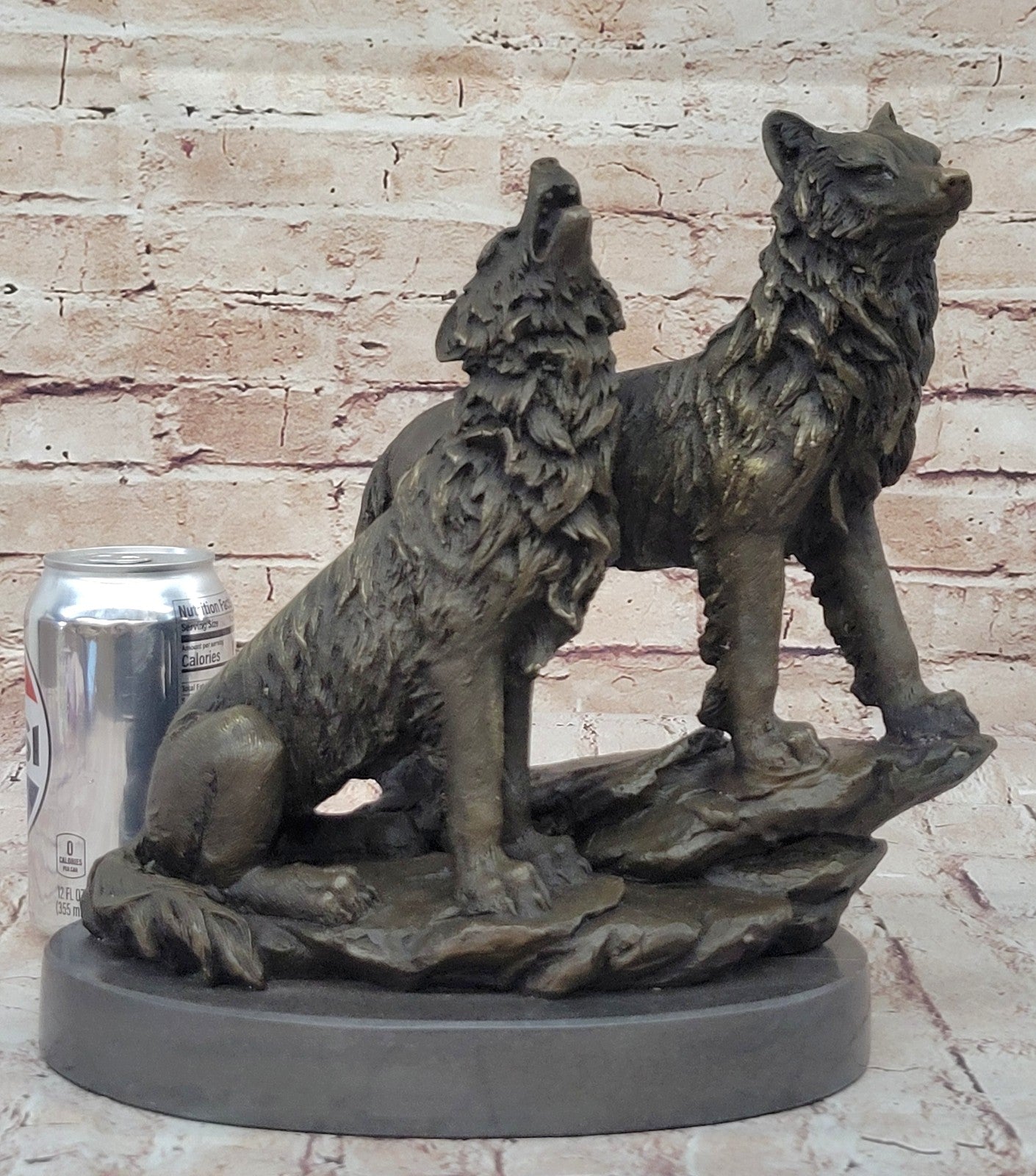 Striking Duo: Handmade Bronze Figurine of Wolves Standing on Rock - Fine Art Decor