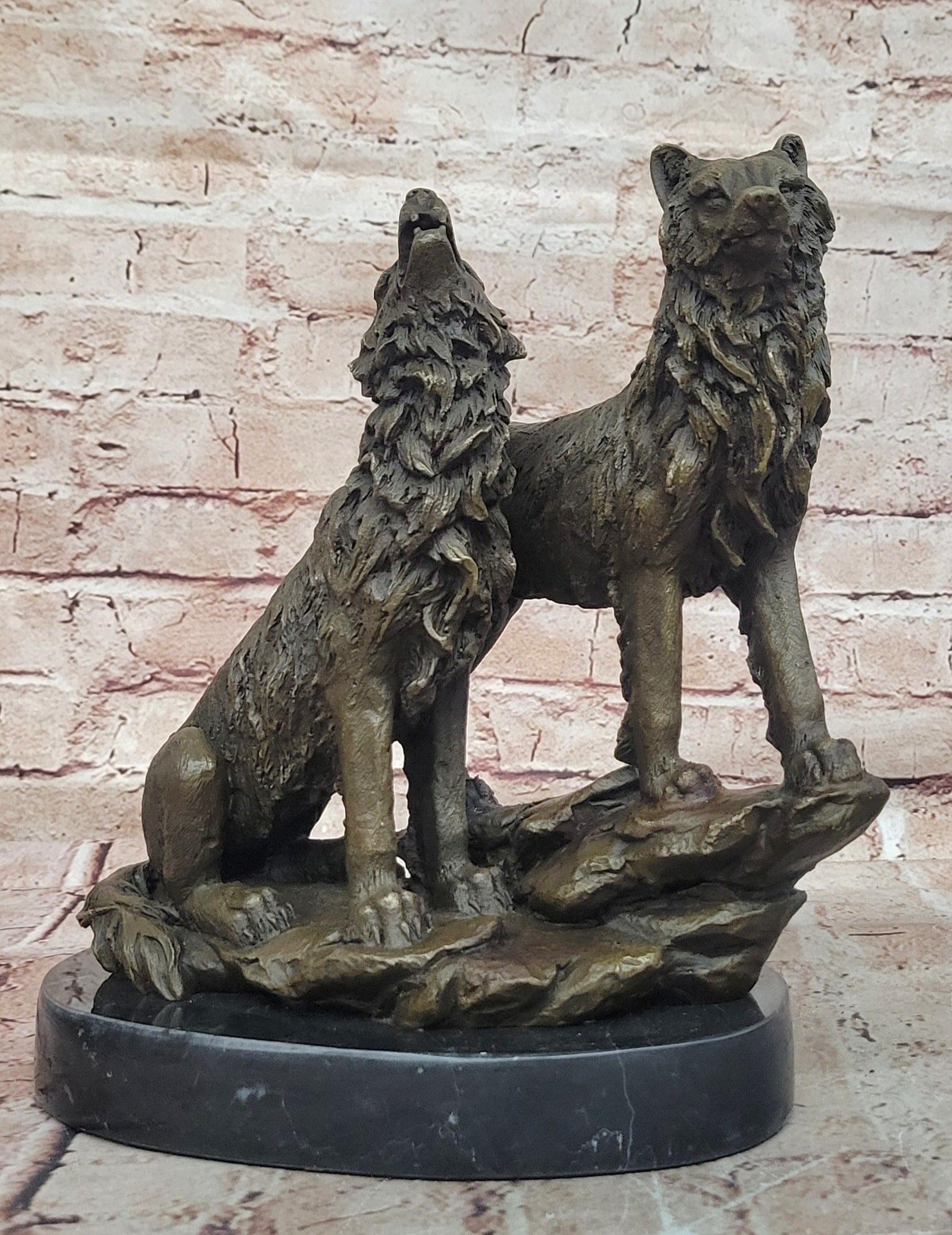 Striking Duo: Handmade Bronze Figurine of Wolves Standing on Rock - Fine Art Decor