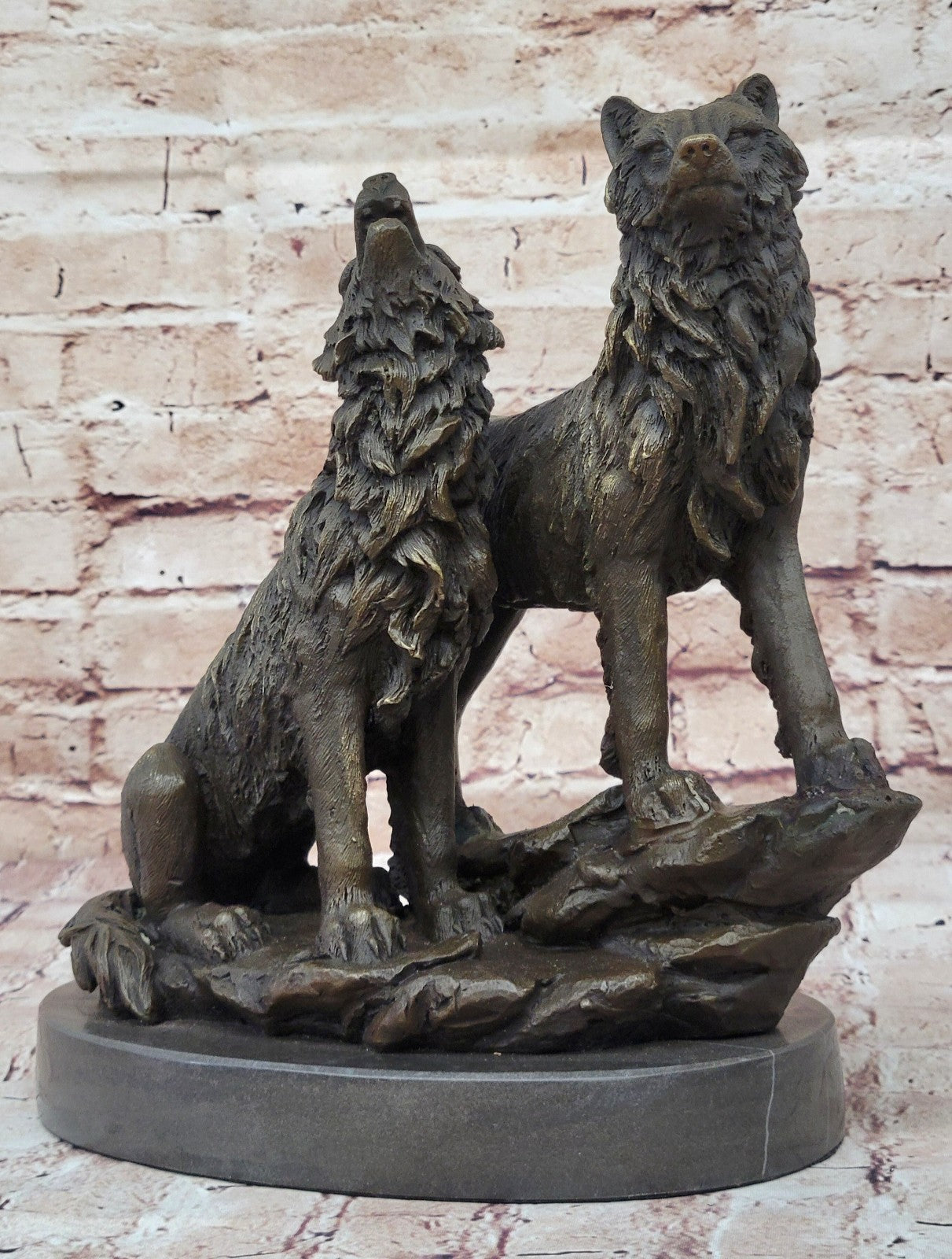 Striking Duo: Handmade Bronze Figurine of Wolves Standing on Rock - Fine Art Decor