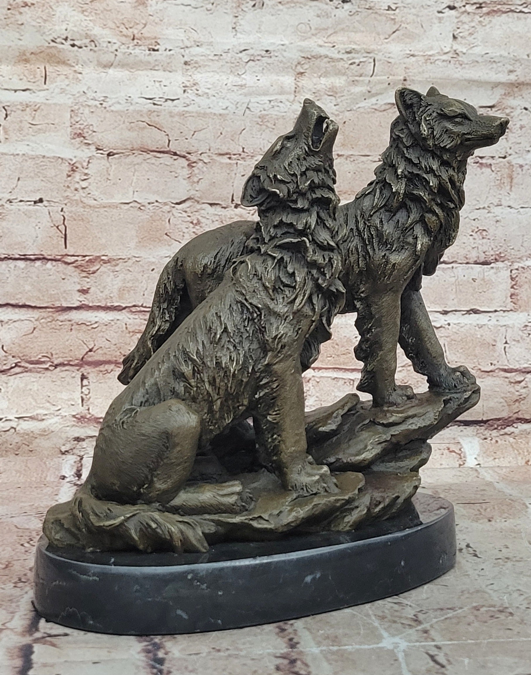 Striking Duo: Handmade Bronze Figurine of Wolves Standing on Rock - Fine Art Decor