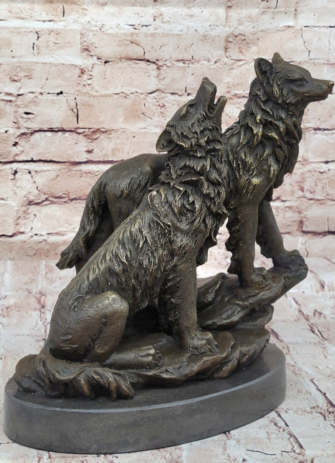 Striking Duo: Handmade Bronze Figurine of Wolves Standing on Rock - Fine Art Decor