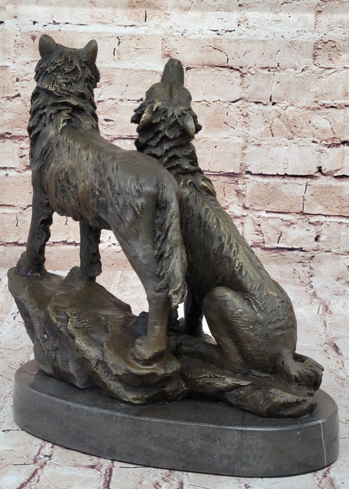 Striking Duo: Handmade Bronze Figurine of Wolves Standing on Rock - Fine Art Decor