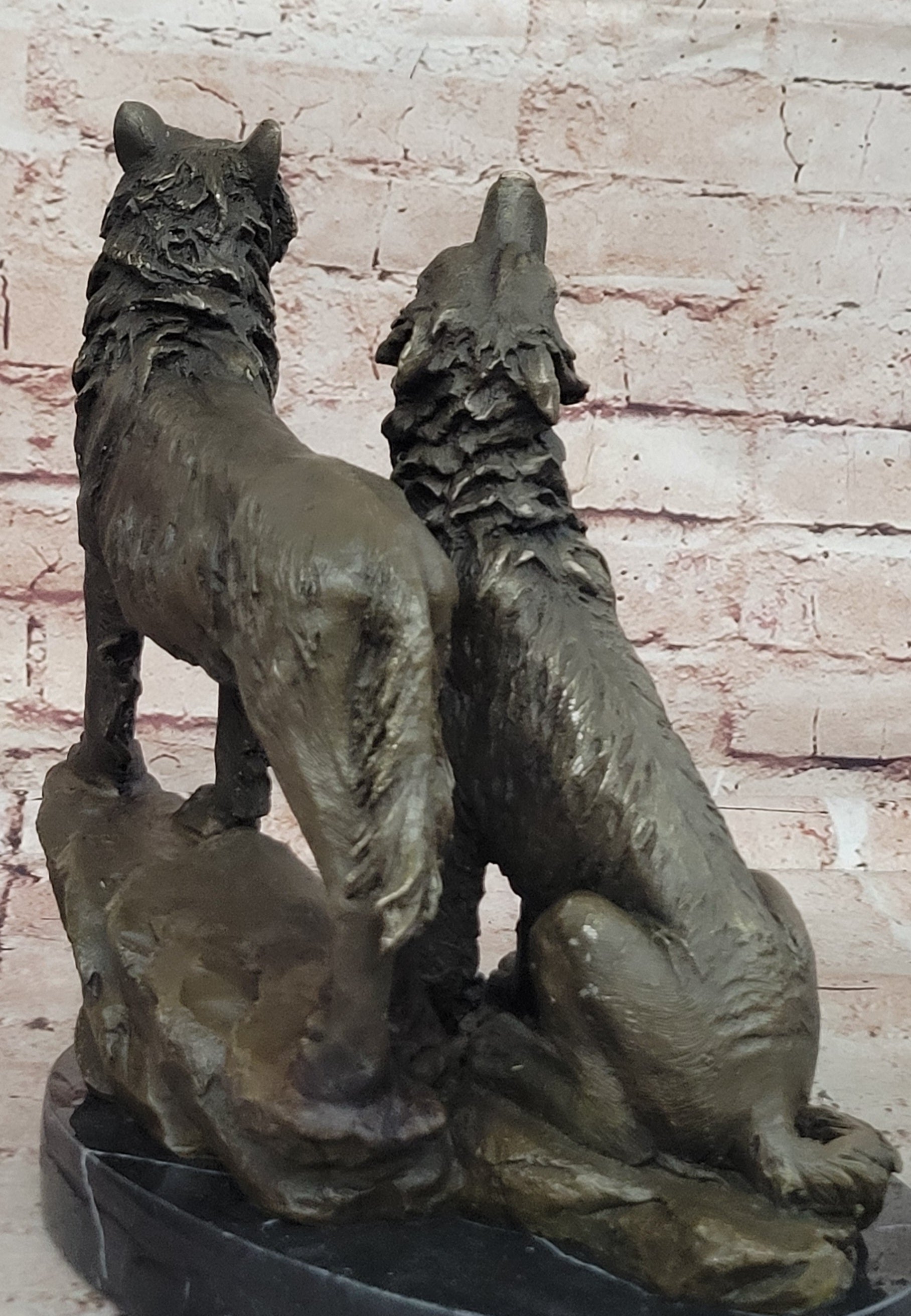 Striking Duo: Handmade Bronze Figurine of Wolves Standing on Rock - Fine Art Decor