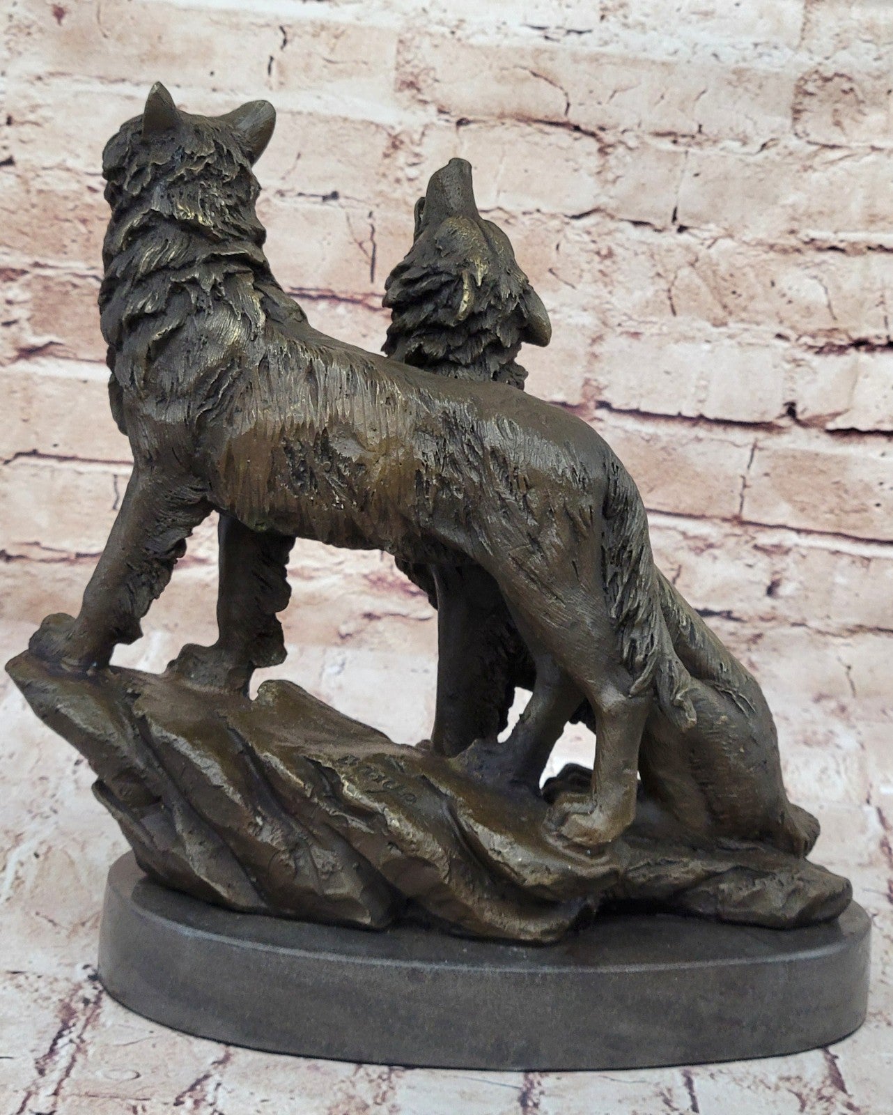 Striking Duo: Handmade Bronze Figurine of Wolves Standing on Rock - Fine Art Decor
