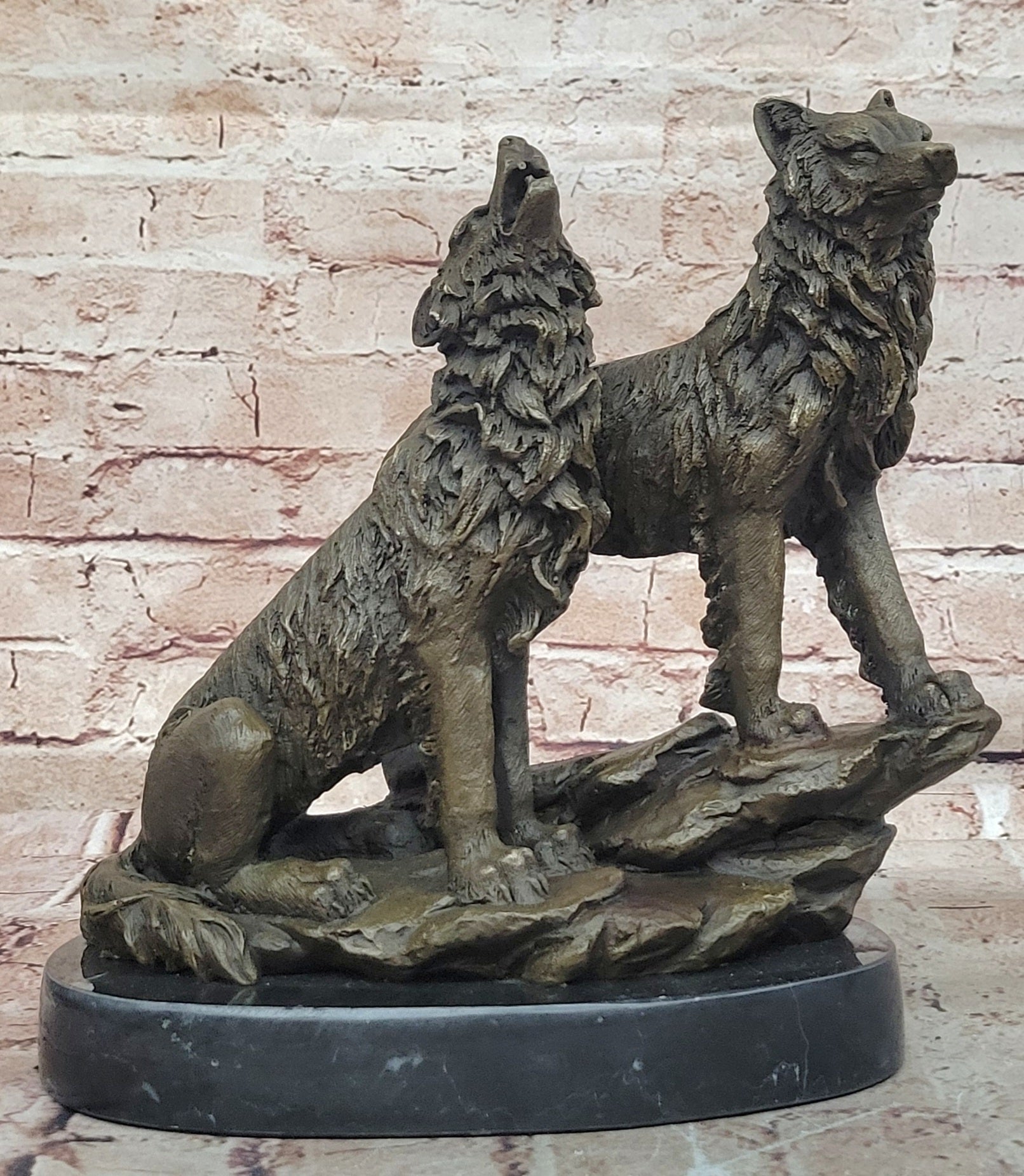 Striking Duo: Handmade Bronze Figurine of Wolves Standing on Rock - Fine Art Decor