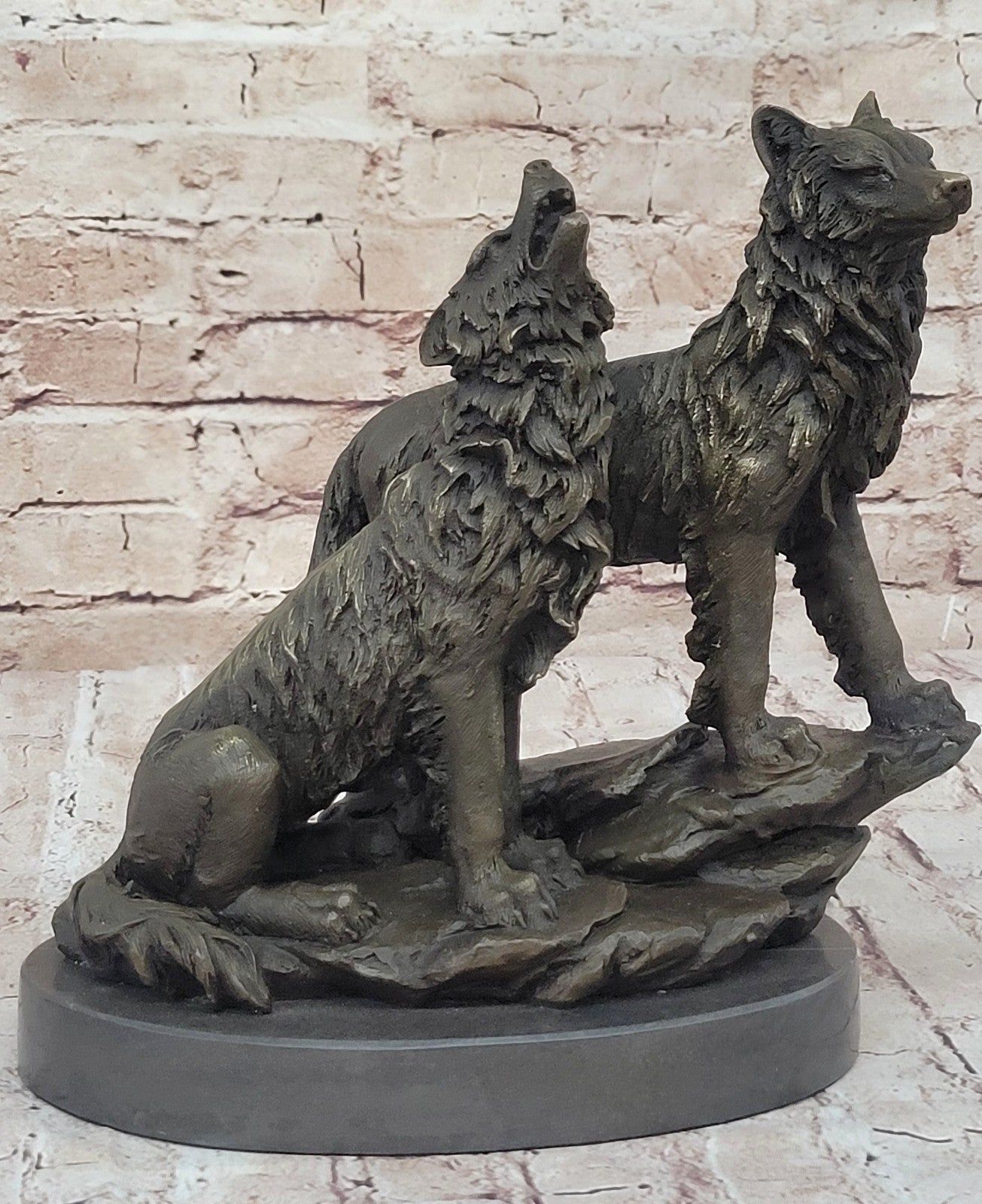 Striking Duo: Handmade Bronze Figurine of Wolves Standing on Rock - Fine Art Decor