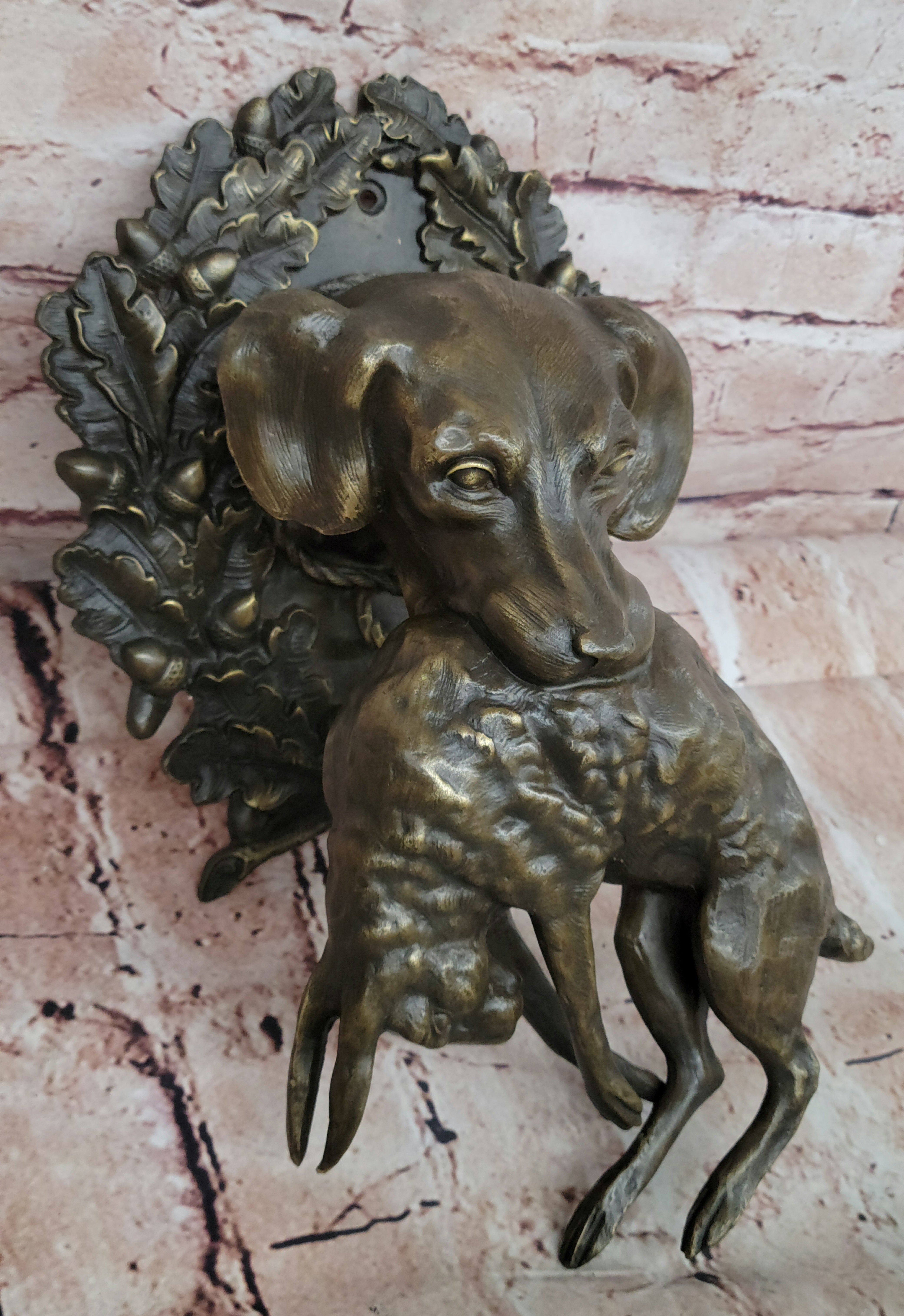 Bronze Sculpture Art Deco Cute Dog Hunting Rabbit Home Cabin Office Decor Figure