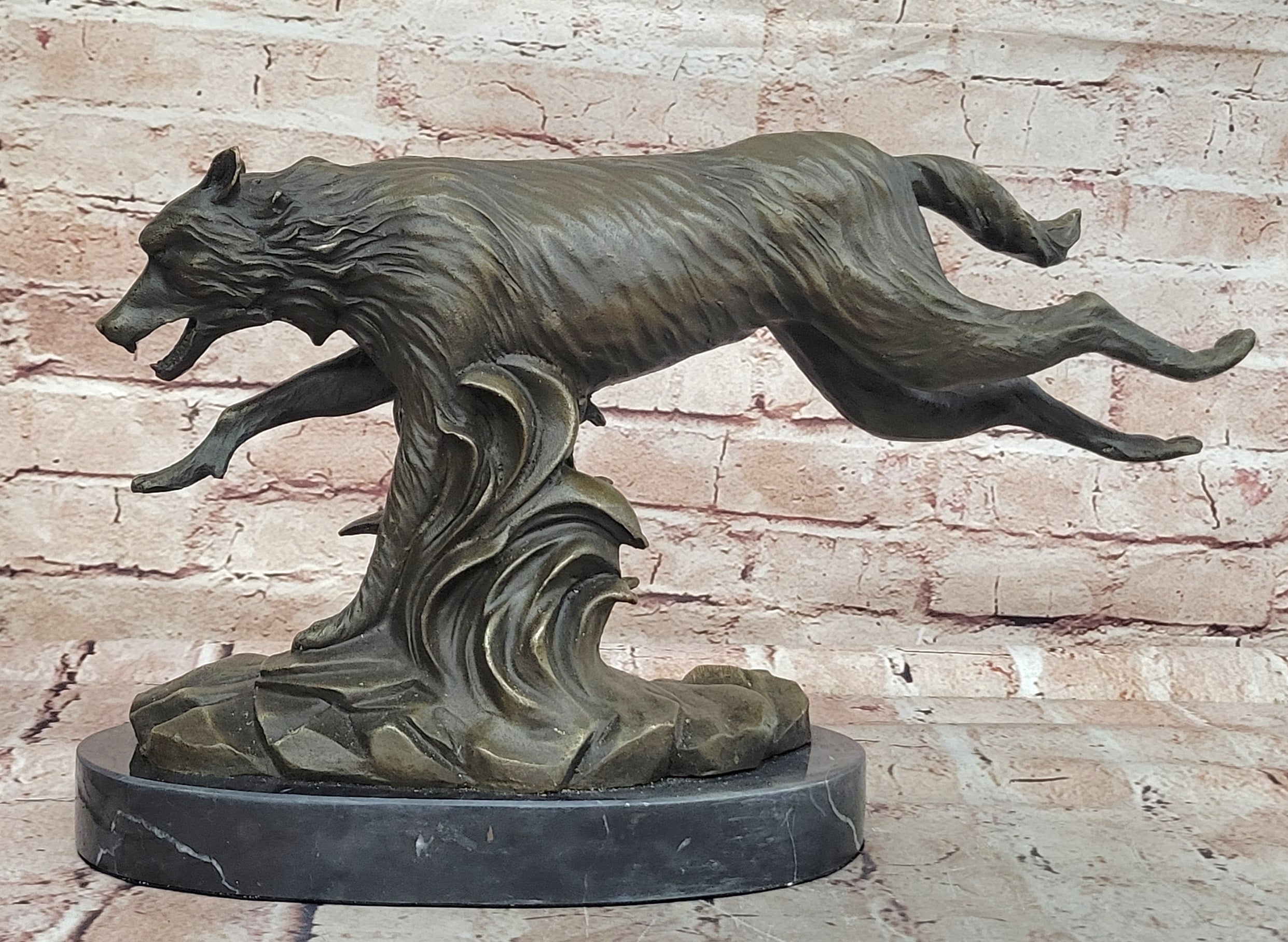 Exquisite Wolf Art: Signed C. Williams Bronze Sculpture, Marble Figure, Cabin Decoration