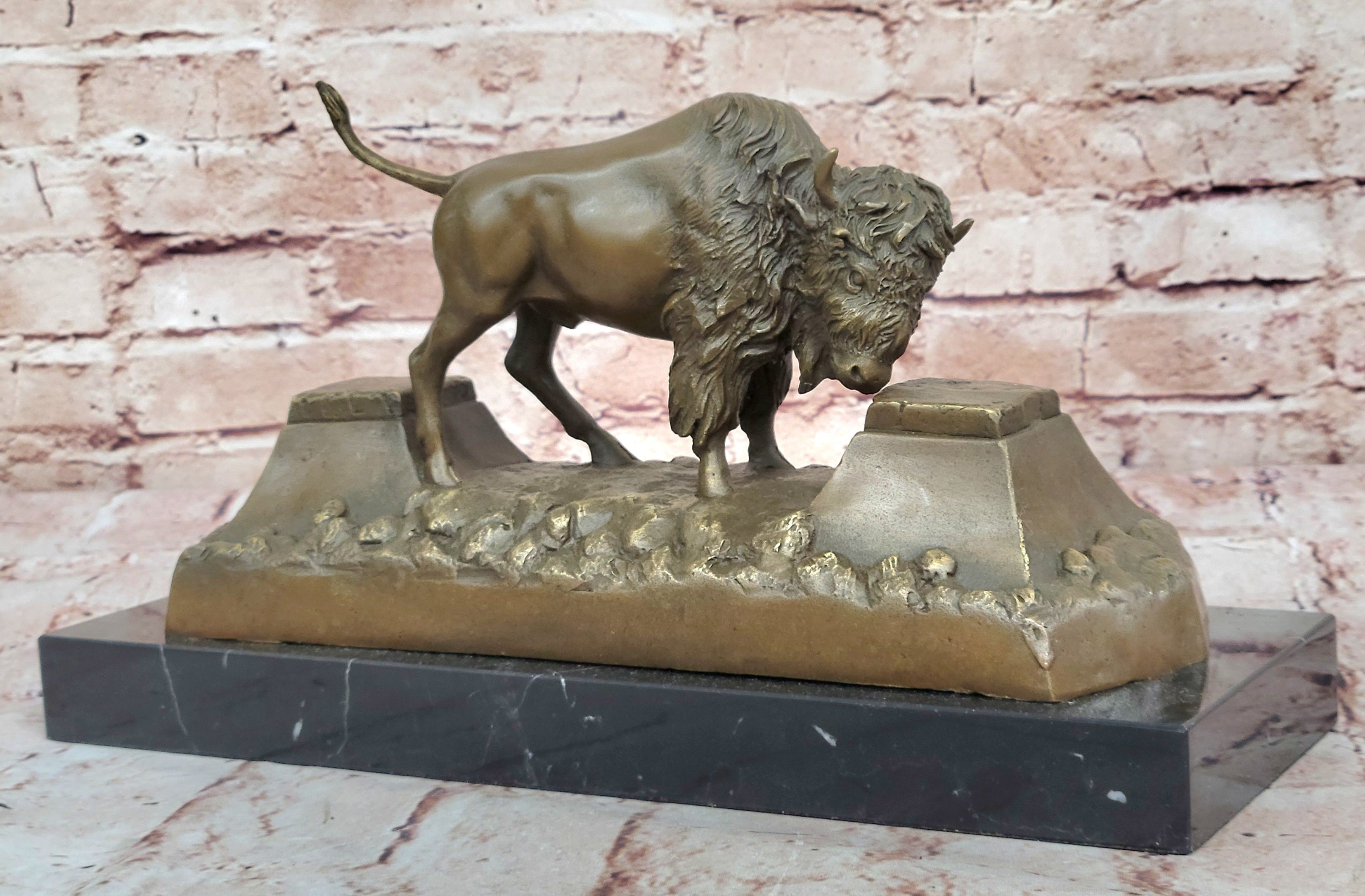 13" Art Deco Sculpture Buffalo Bulll OX Animal Marble Base Bronze Statue