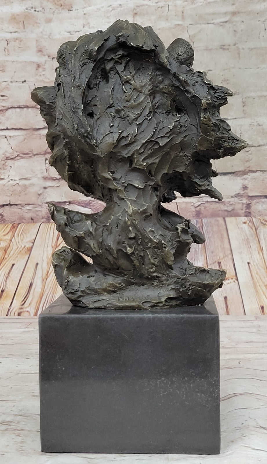 Hot Cast Barye Signed Bronze Royal Lion Head Statue Sculpture Bust Marble Base