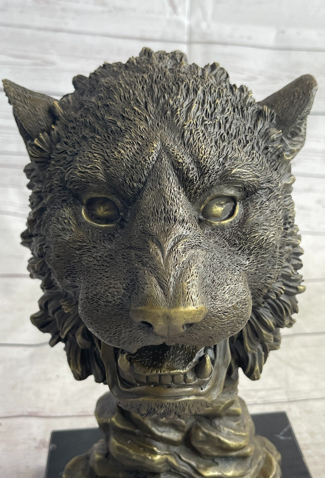 100% Solid Bronze Sculpture Wildlife Animal Lion Head Marble Base Figurine DEAL