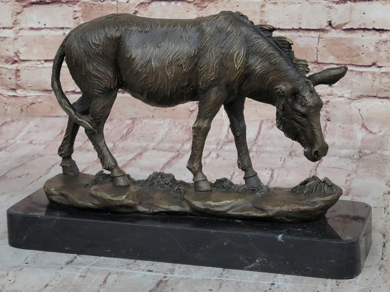 Fine Crafted Donkey Mule Bronze Sculpture Hot Cast Statue Detailed Marble Base Figurine