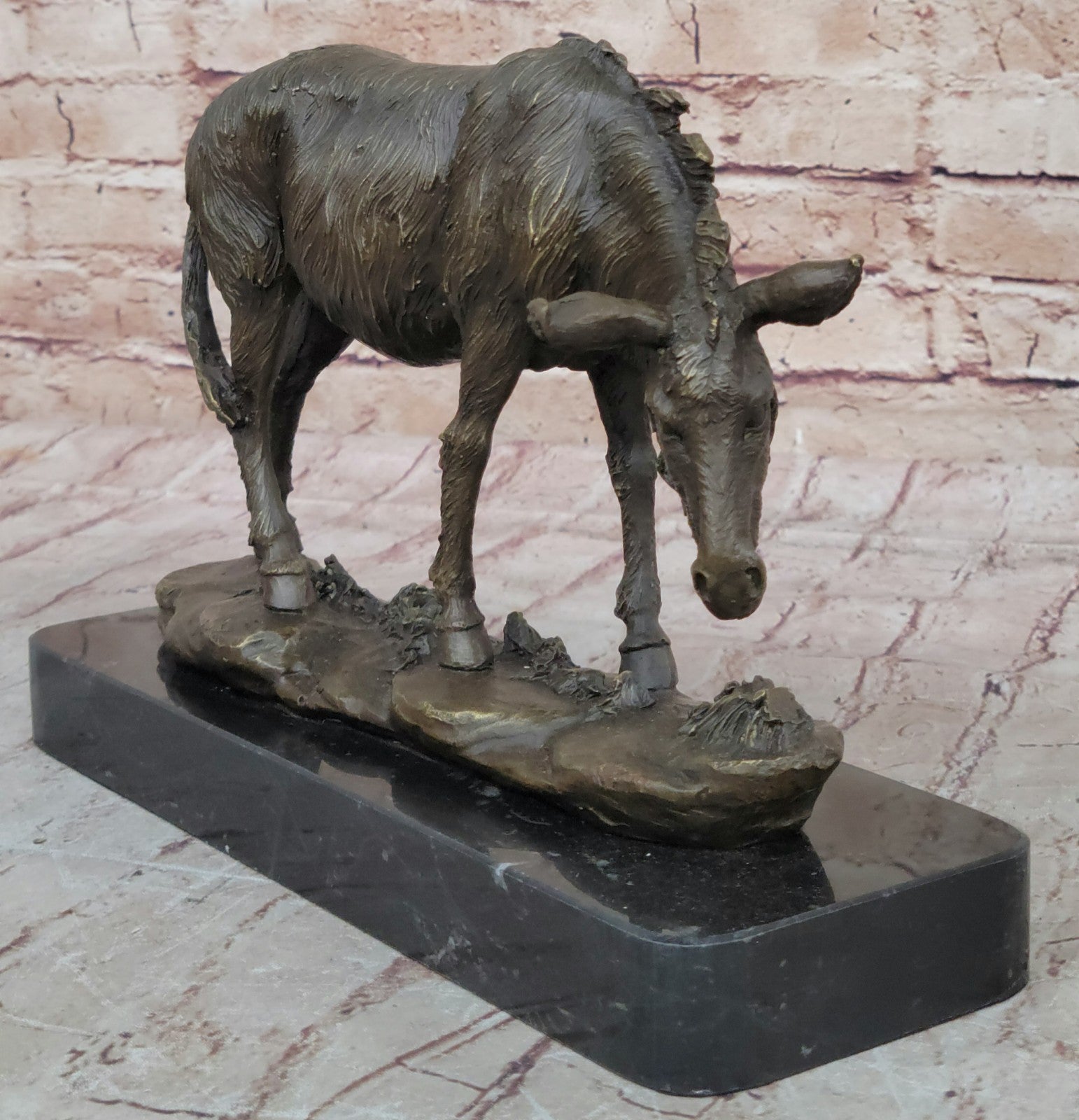 Fine Crafted Donkey Mule Bronze Sculpture Hot Cast Statue Detailed Marble Base Figurine