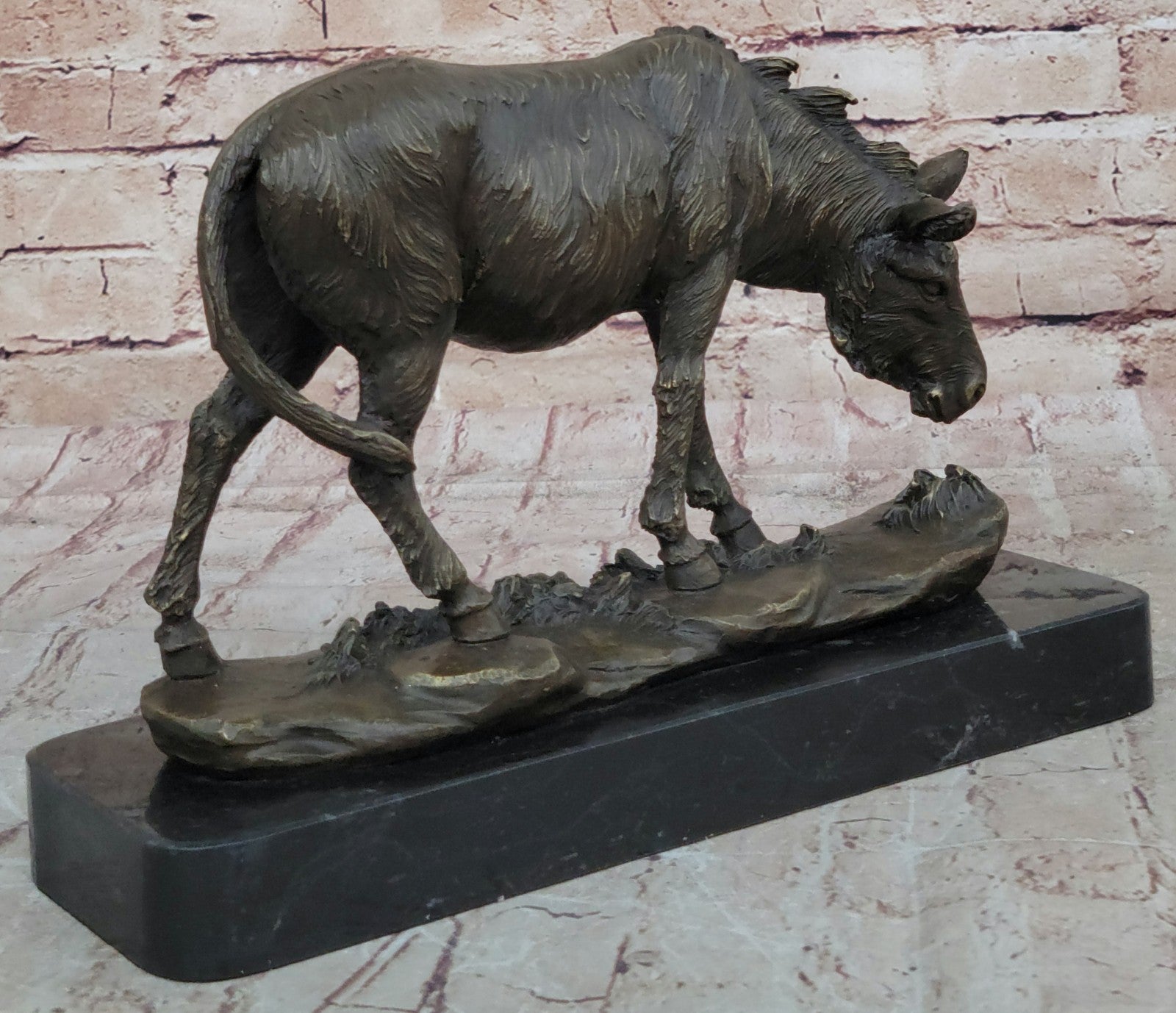 Fine Crafted Donkey Mule Bronze Sculpture Hot Cast Statue Detailed Marble Base Figurine