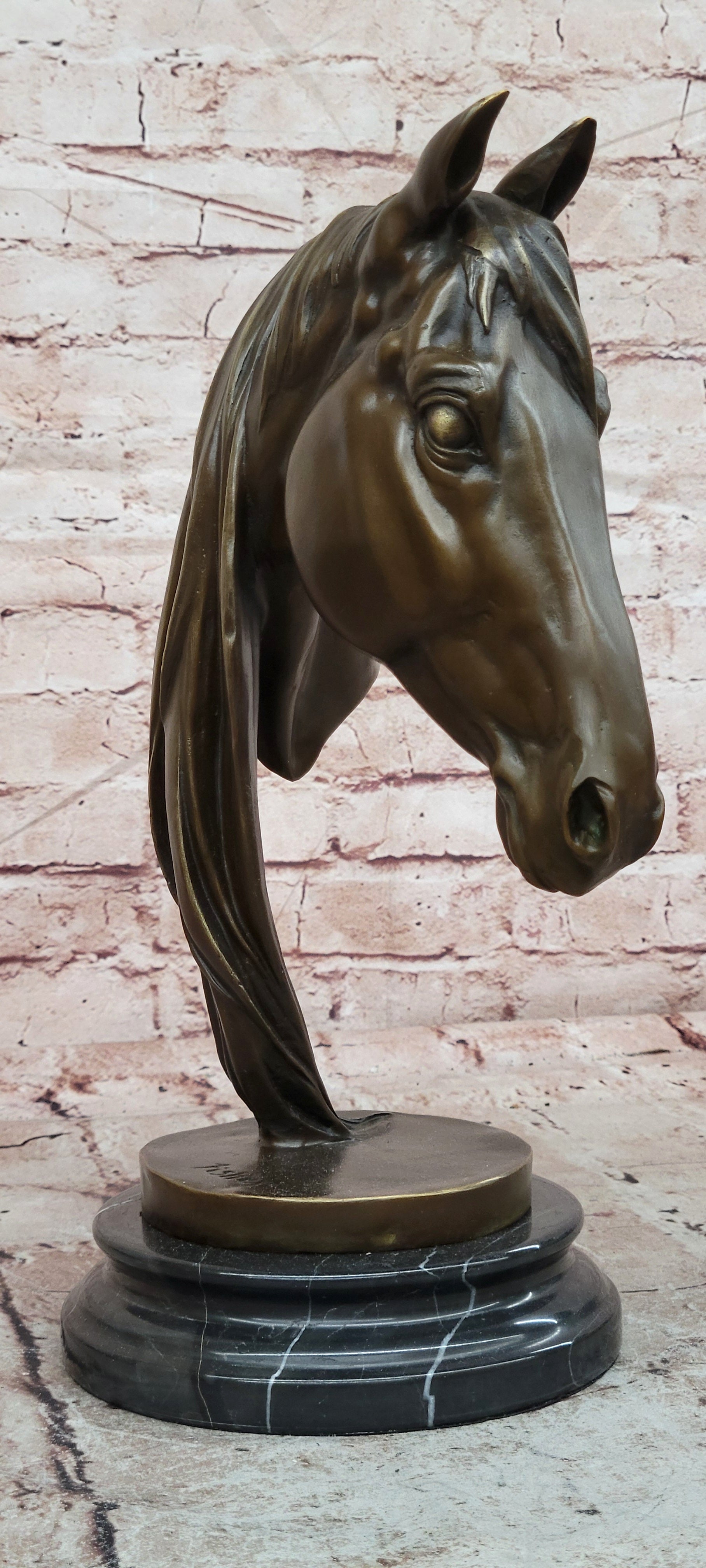 BEAUTIFUL PURE BRONZE MOUNTED HORSE STATUE BUST ART DECO MARBLE BASE SCULPTURE